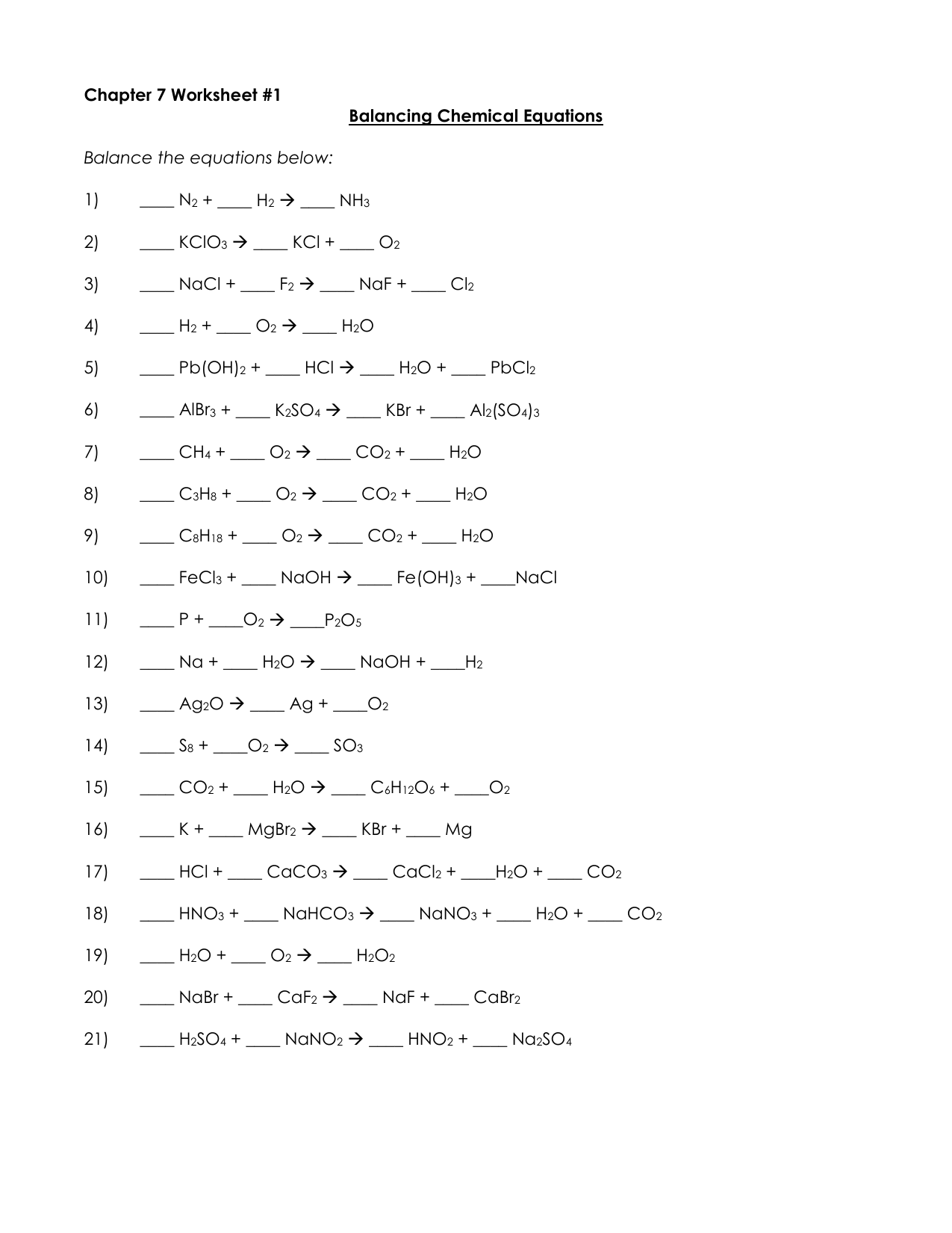 Balancing Chemical Equations Worksheet Chemistry Practice