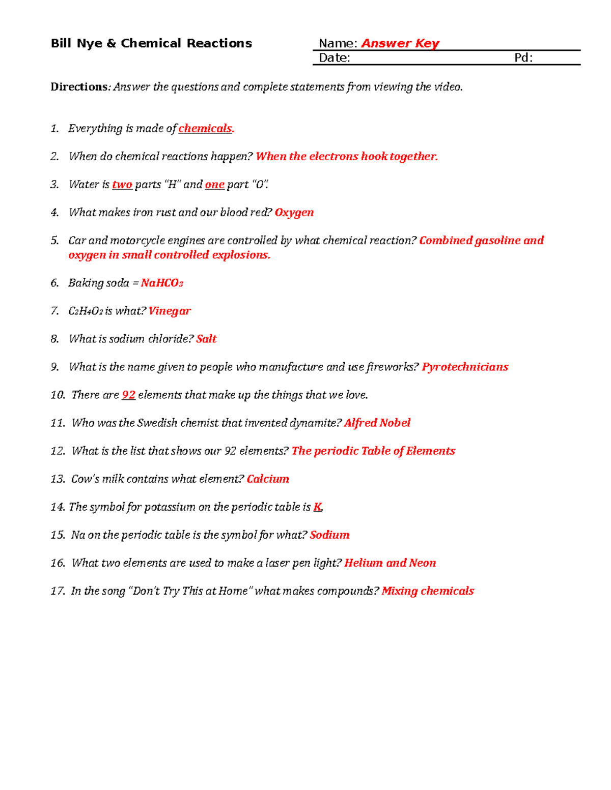 Bill Nye BS 101 Chemical Reactions Worksheet Answer Key Studocu