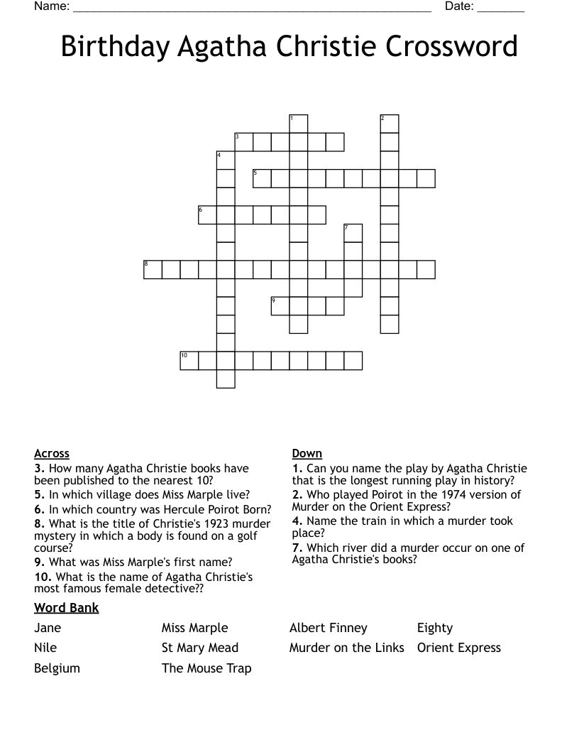 Birthday Agatha Christie Crossword WordMint Birthday Agatha Christie Crossword WordMint