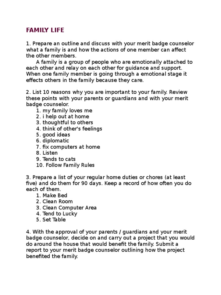 worksheet for family life merit badge
