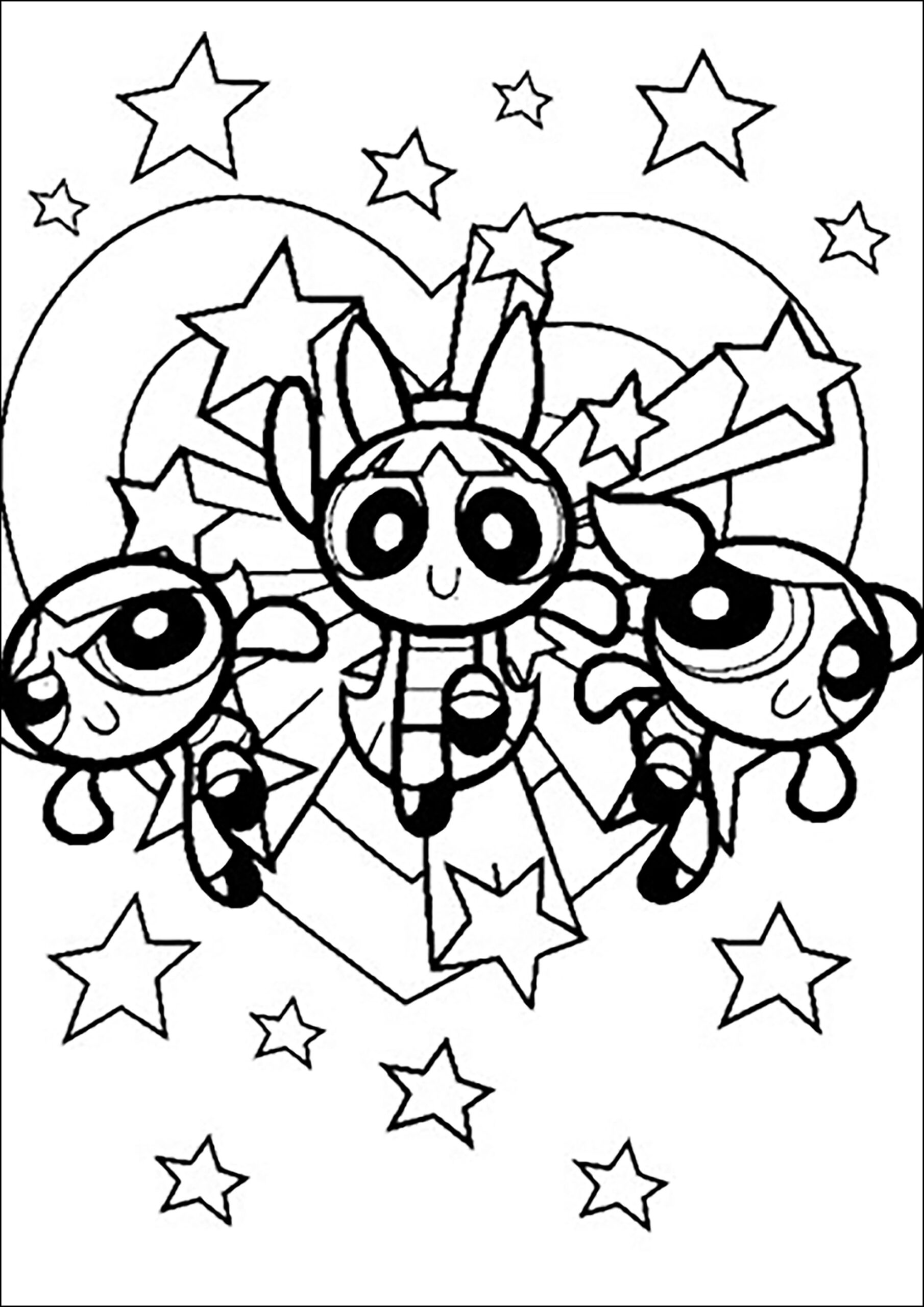 Bubbles Blossom And Buttercup With A Heart And Stars The Powerpuff Girls Coloring Pages