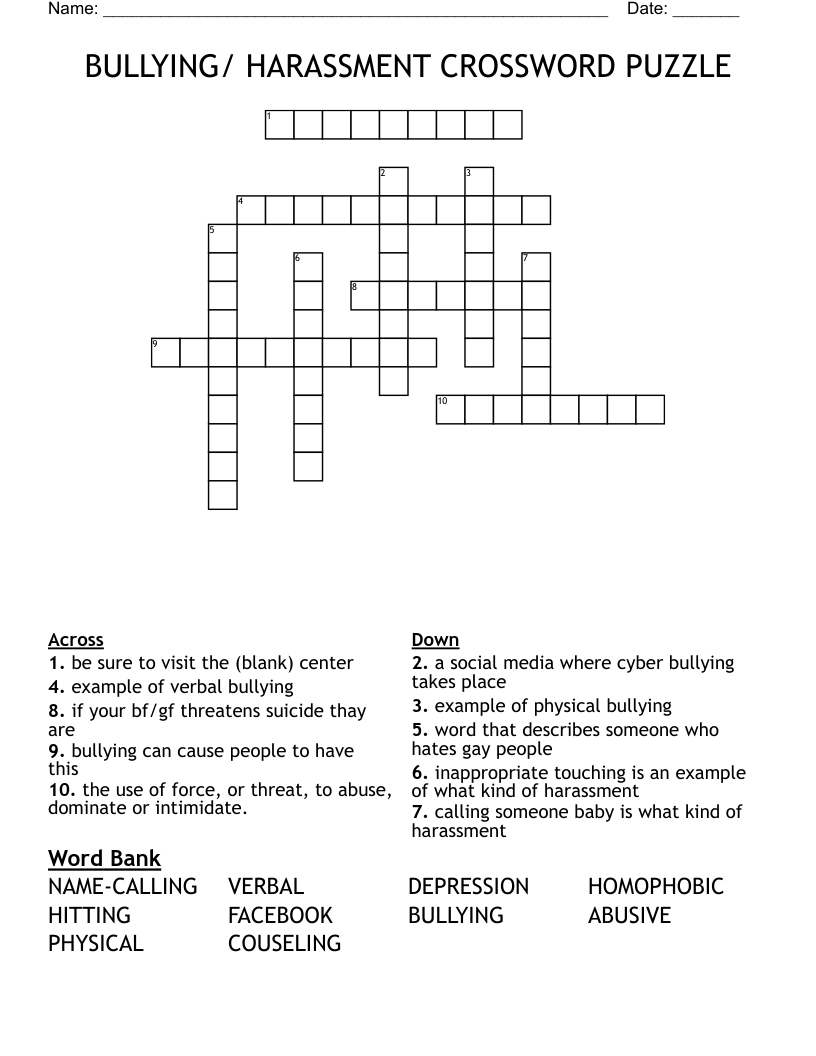 BULLYING HARASSMENT CROSSWORD PUZZLE WordMint