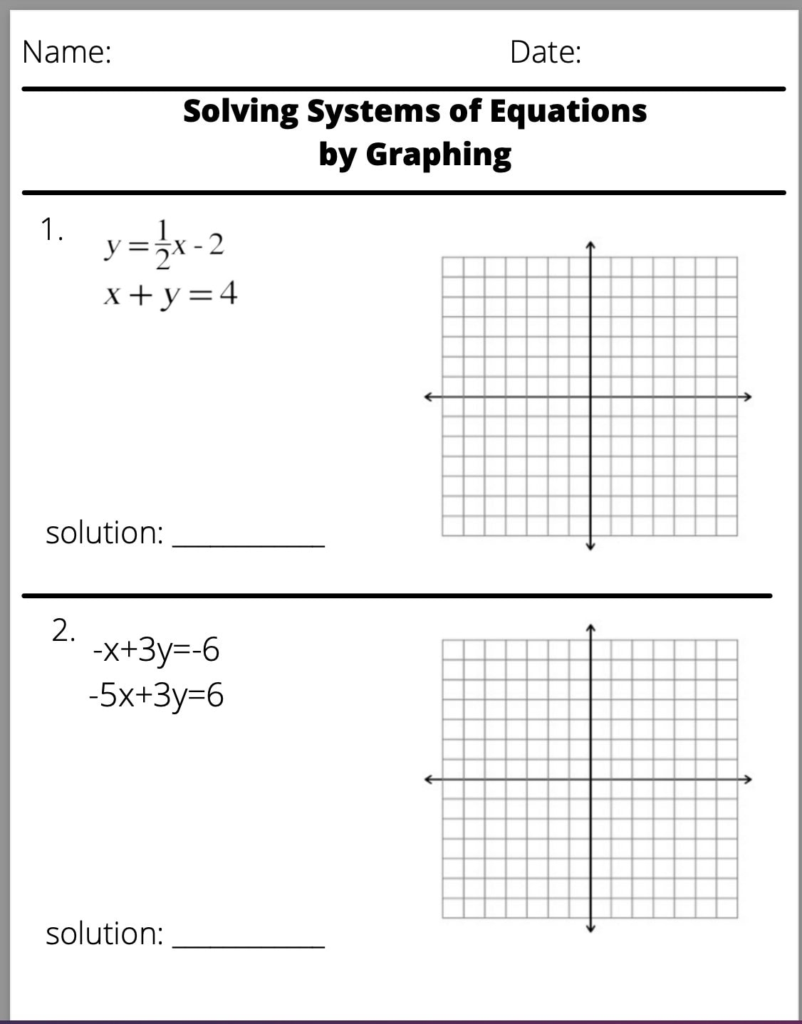 systems of equations worksheet