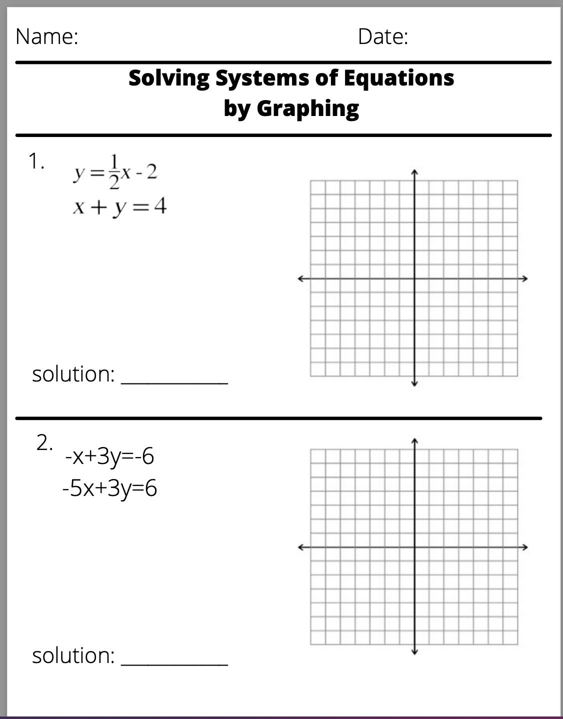 Buy Solving Systems Of Equations By Graphing Worksheet Online In India Etsy