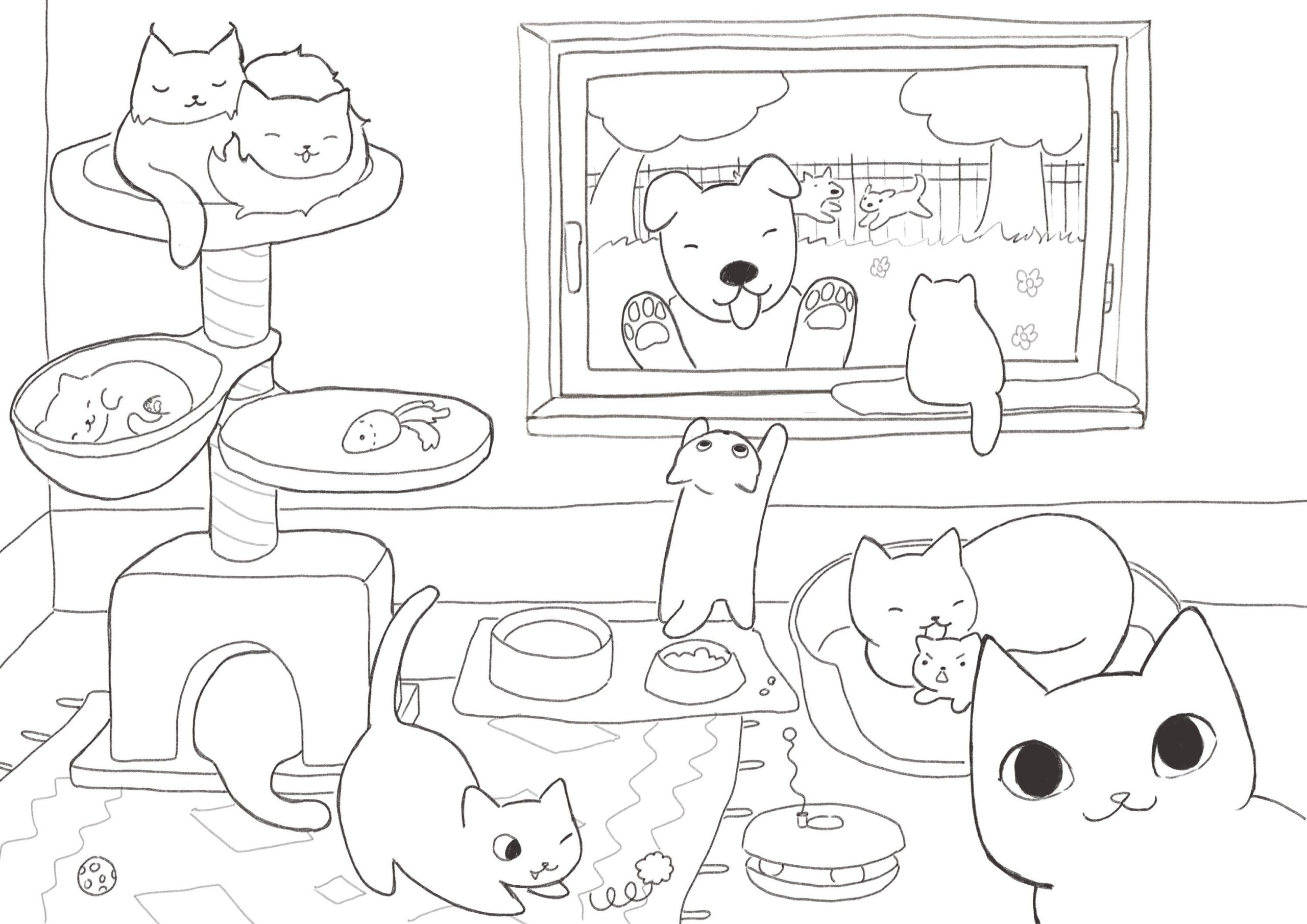 Cats Kittens And Dogs Coloring Page For Kids And Adults digital Printable Etsy