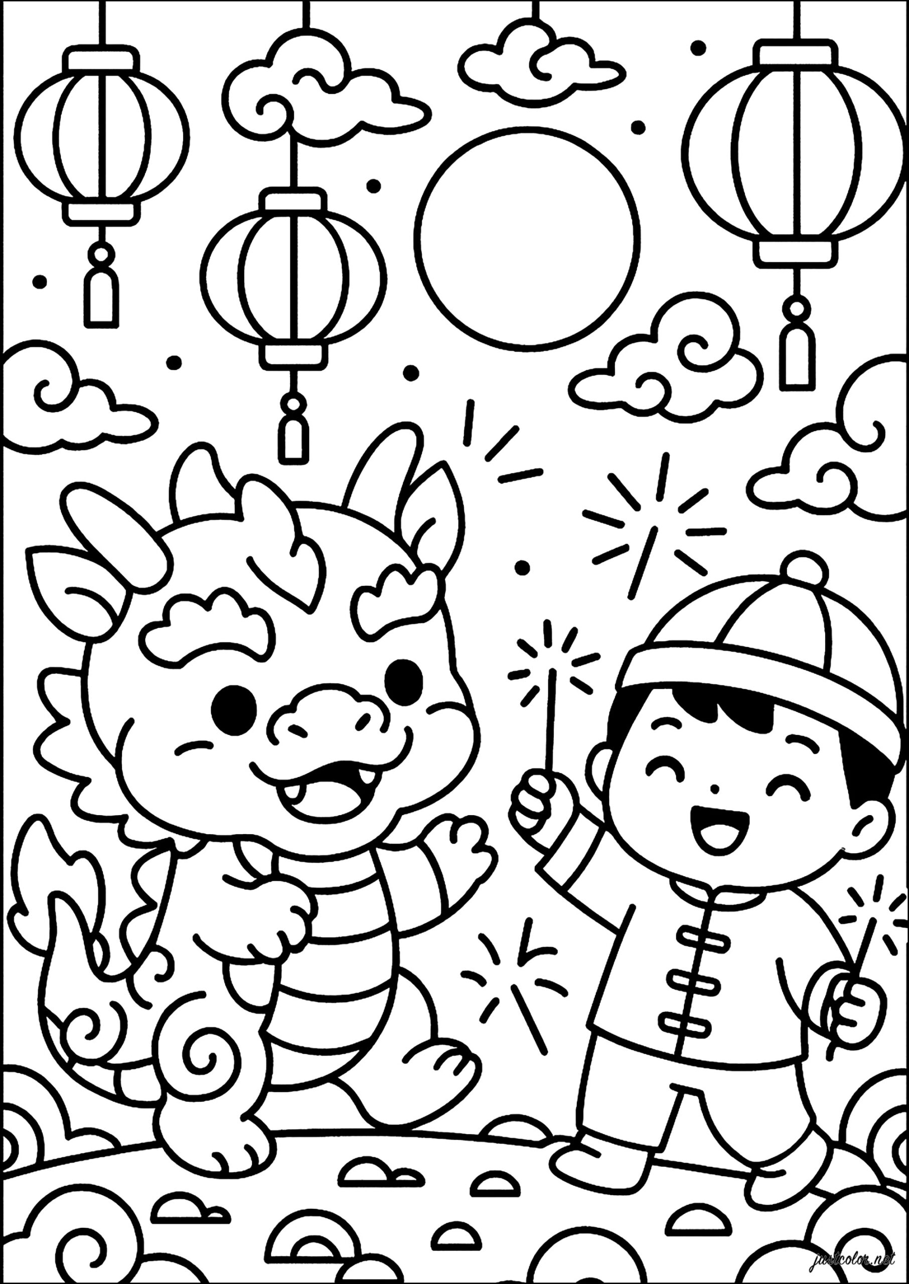 Celebrations With A Dragon And A Child In Traditional Costume Chinese New Year Coloring Pages For Kids Celebrations With A Dragon And A Child In Traditional Costume Chinese New Year Coloring Pages For Kids