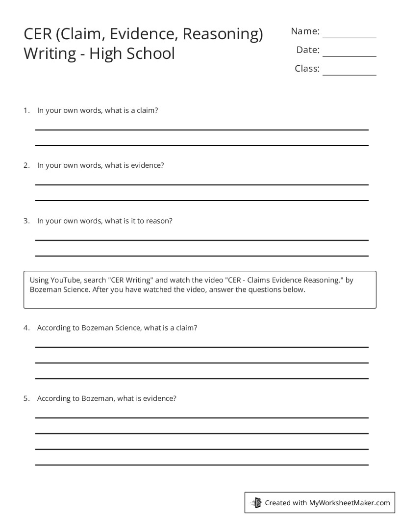 claim evidence reasoning worksheet
