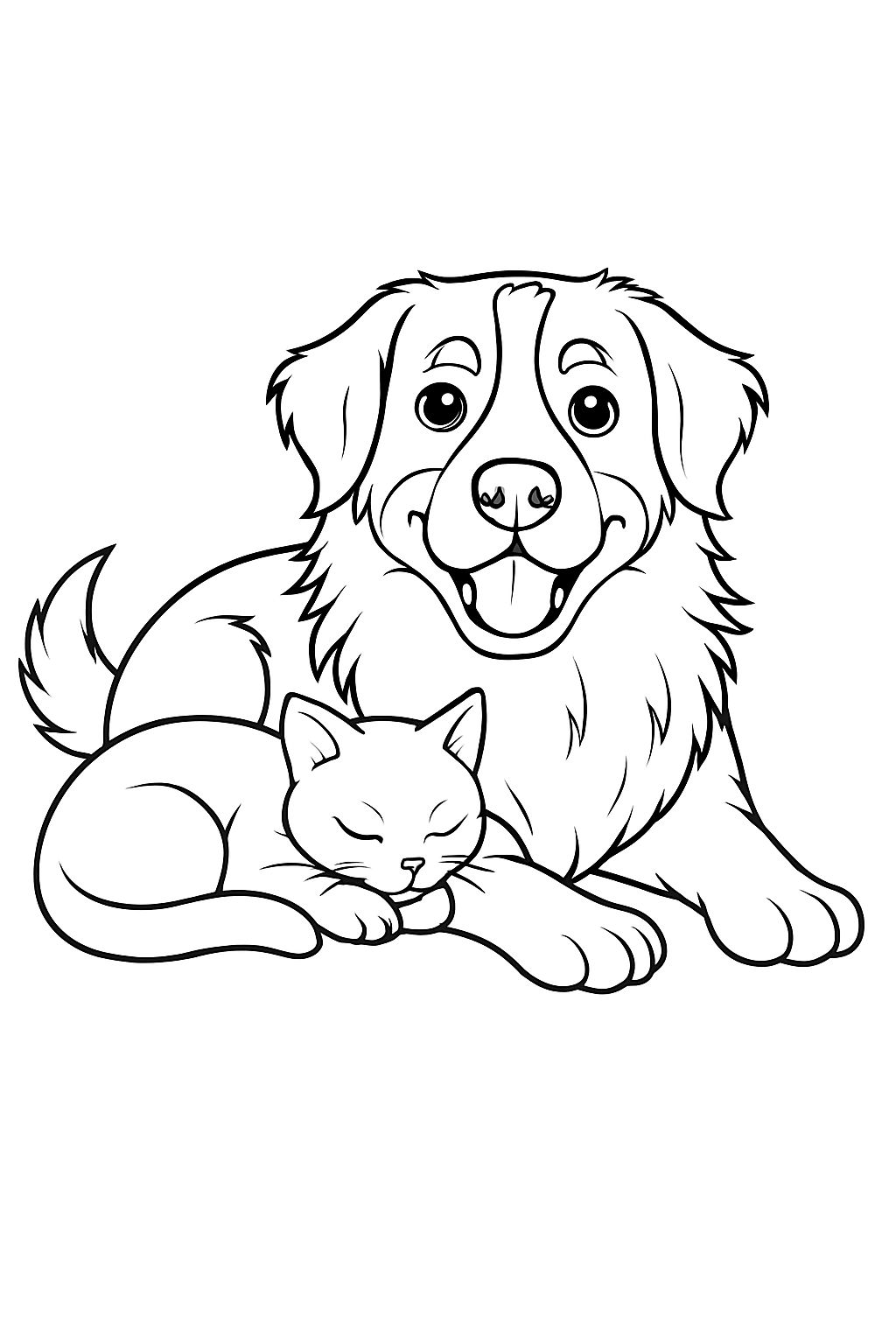 Cheerful Dog And Peaceful Cat Companion Coloring Book Page Playground