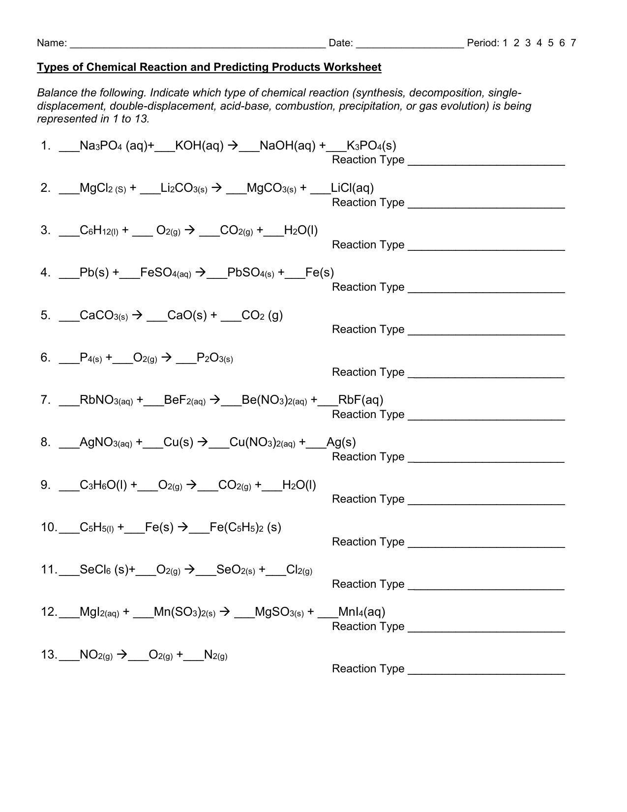Chemical Reactions Worksheet Balancing Predicting Products Chemical Reactions Worksheet Balancing Predicting Products