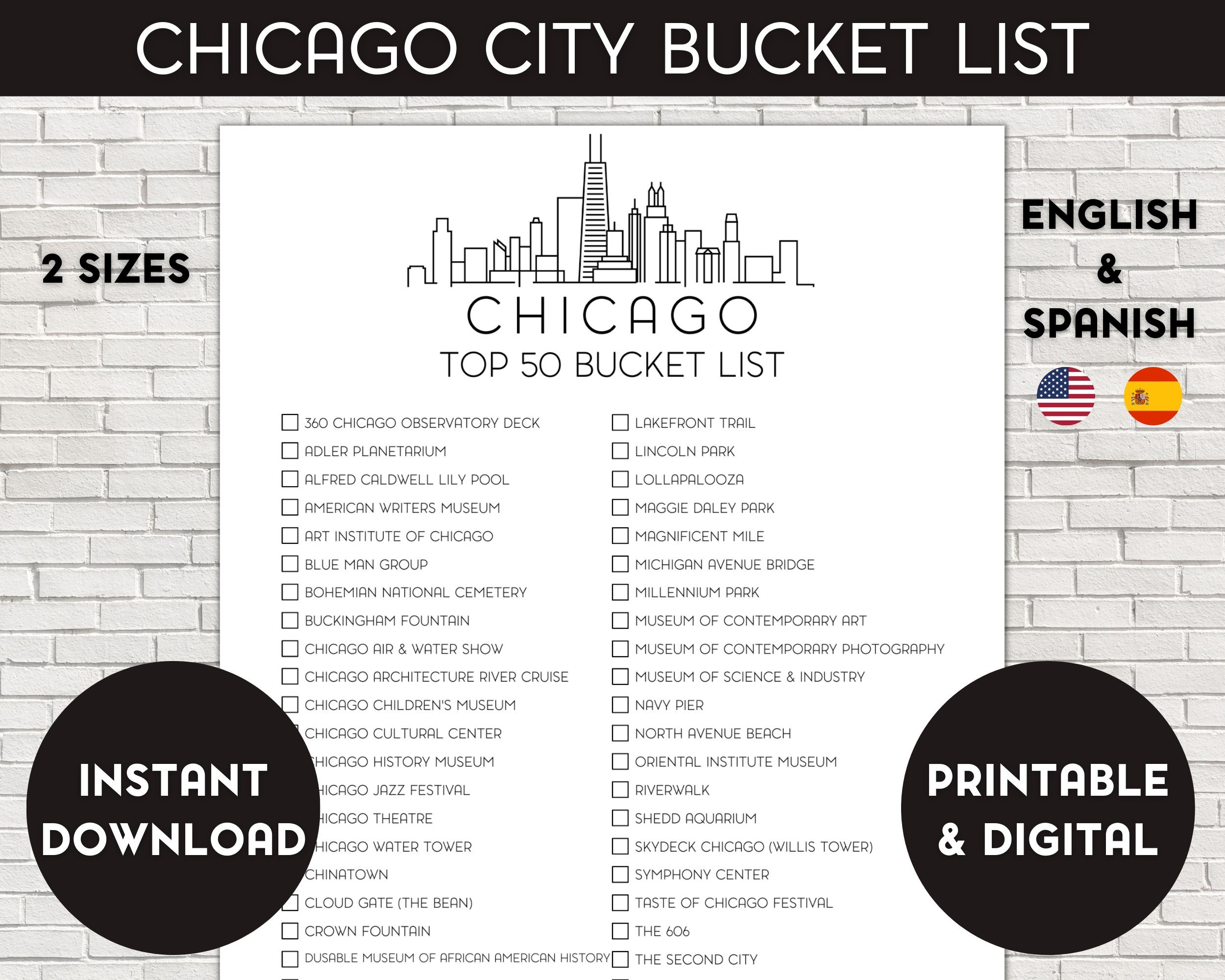 Chicago Bucket List Top 50 Checklist printable Digital Download Etsy Denmark