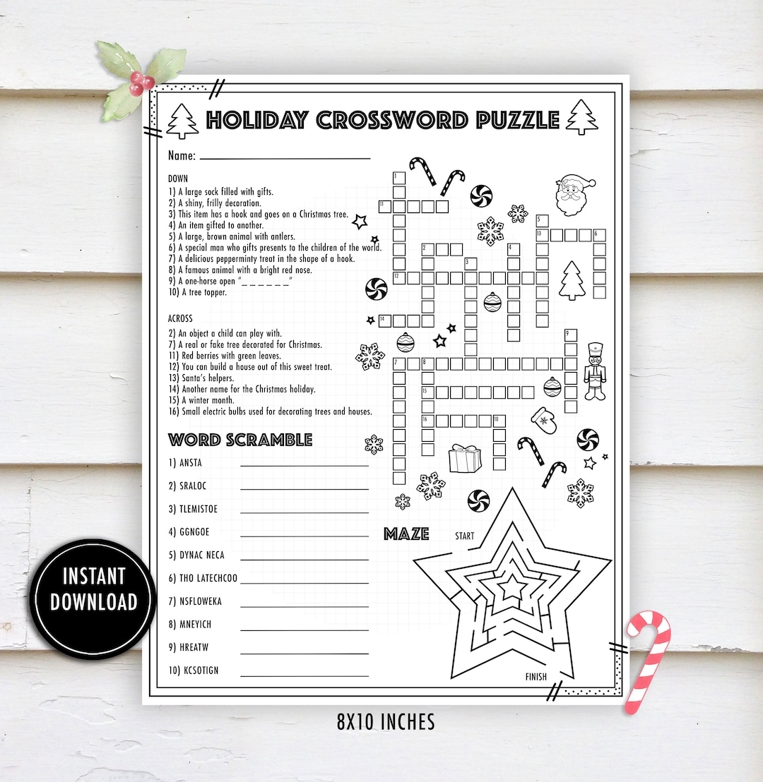 Christmas Crossword Activity Puzzle christmas Worksheets Winter Worksheets Holiday Crossword Maze Word Scramble Etsy