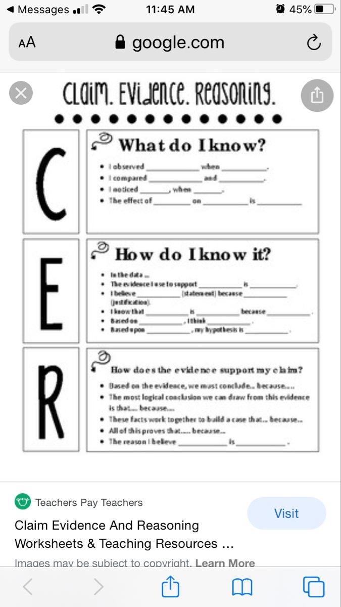 Claim Evidence And Reasoning Worksheets Teaching Resources TpT