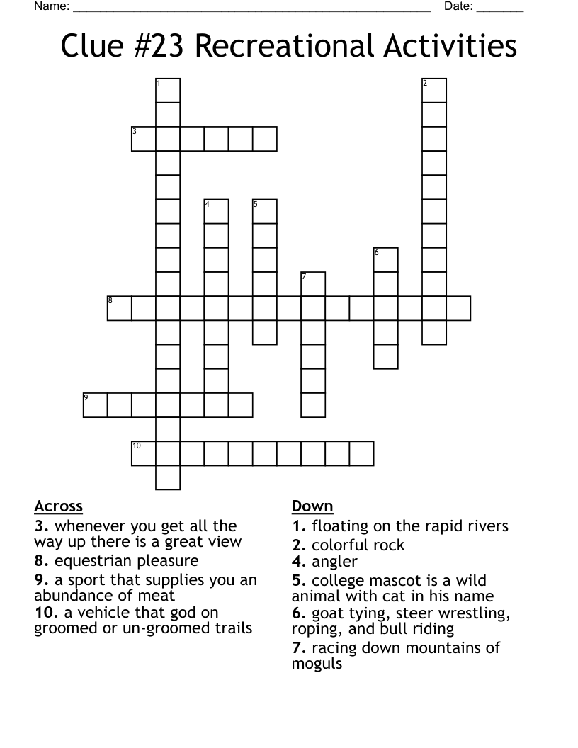 Clue 23 Recreational Activities Crossword WordMint