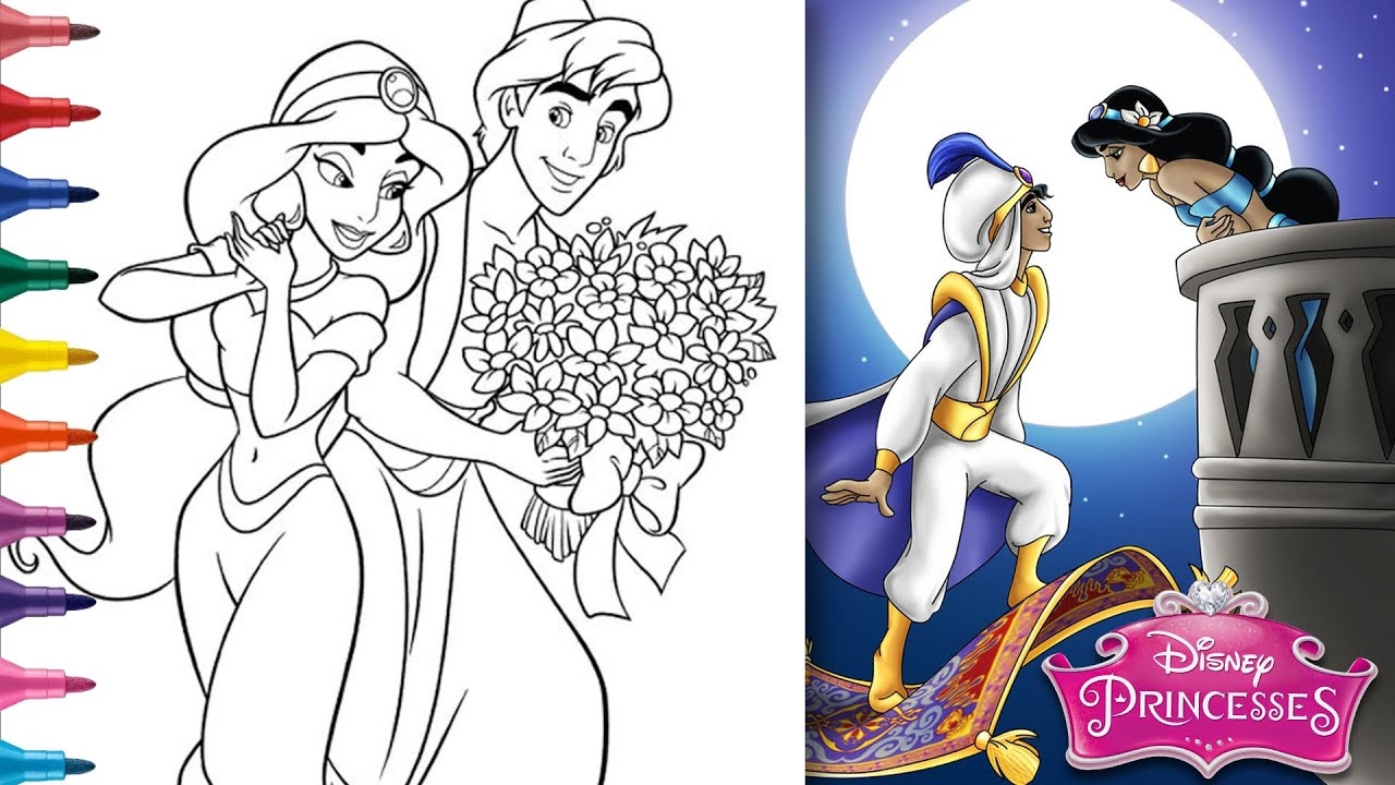 coloring pages of jasmine and aladdin