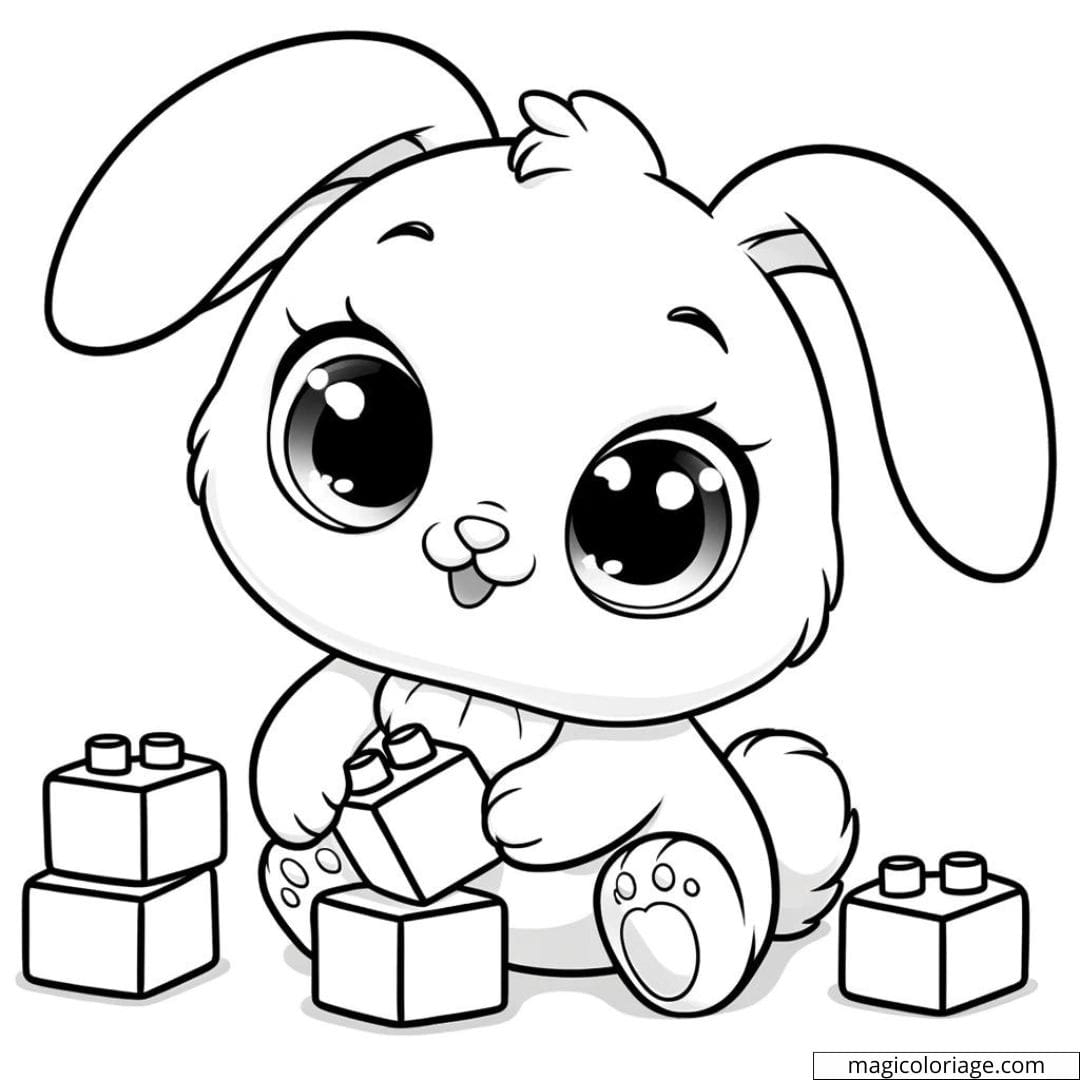 Coloring Page Of Baby Rabbit Playing With Building Blocks