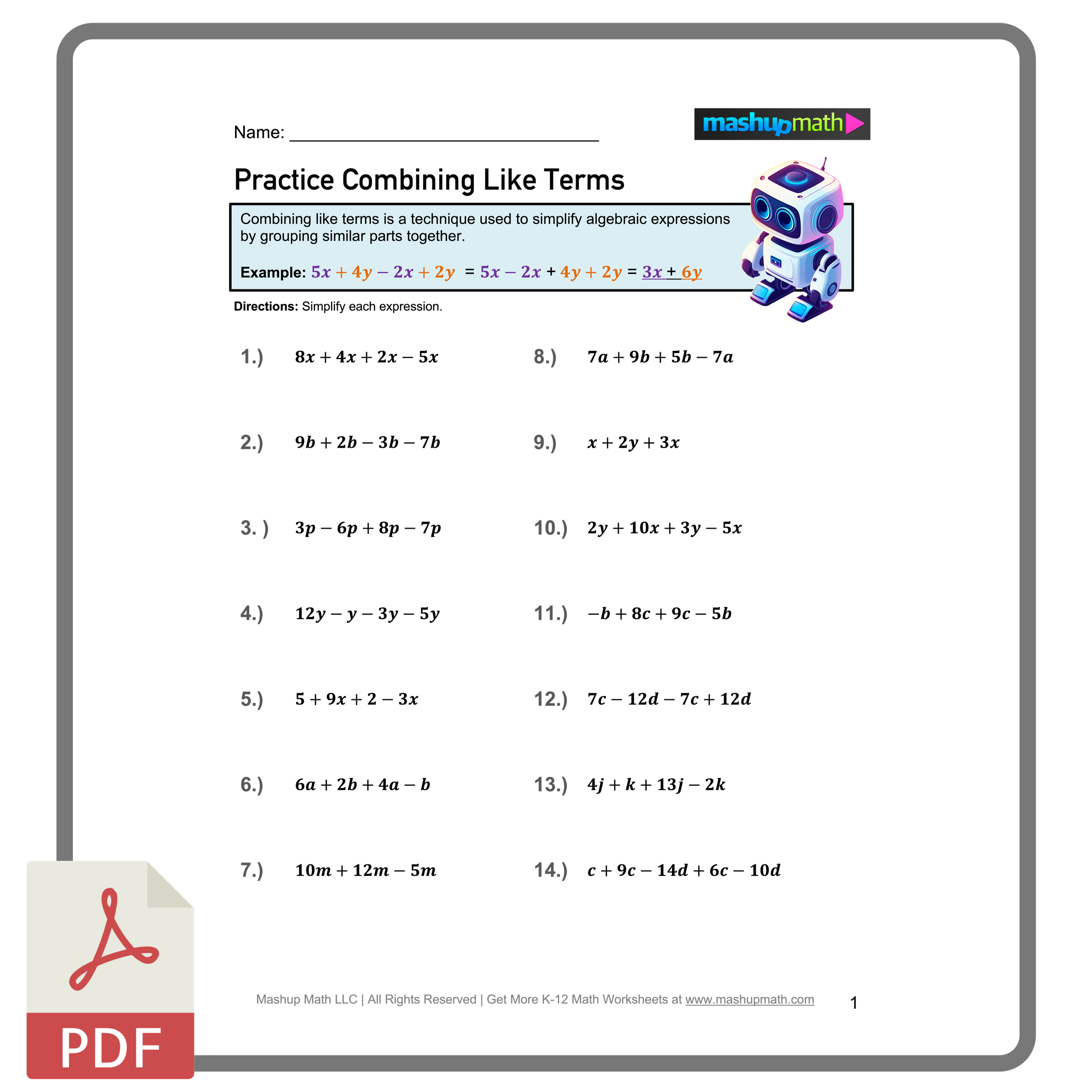 Combining Like Terms Worksheets Printable With Answers Mashup Math