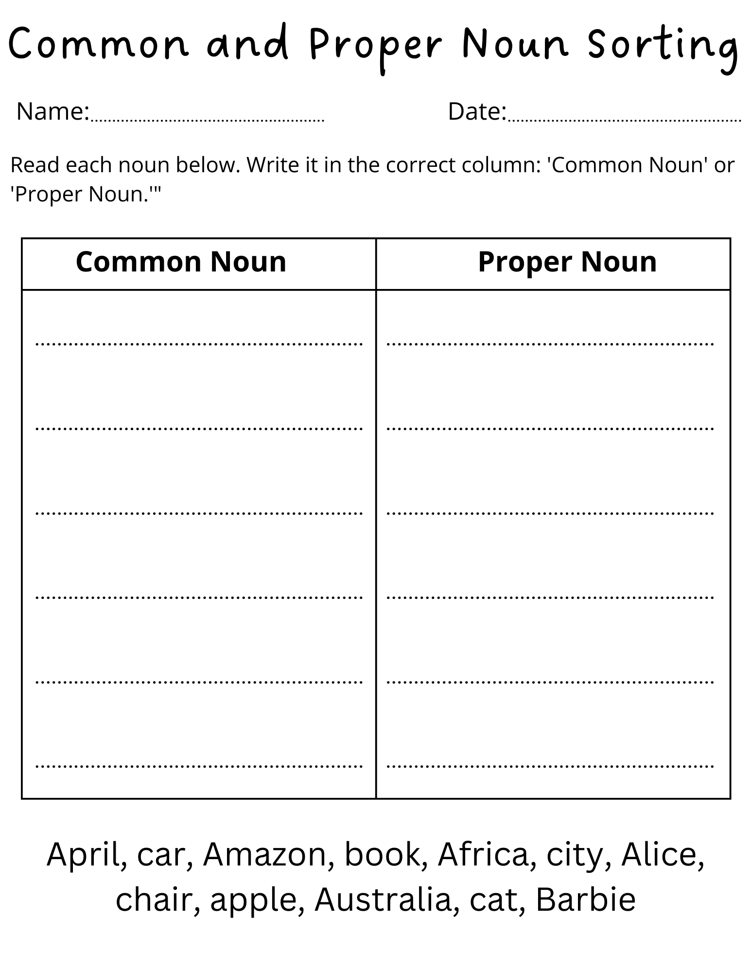 nouns proper and common worksheets