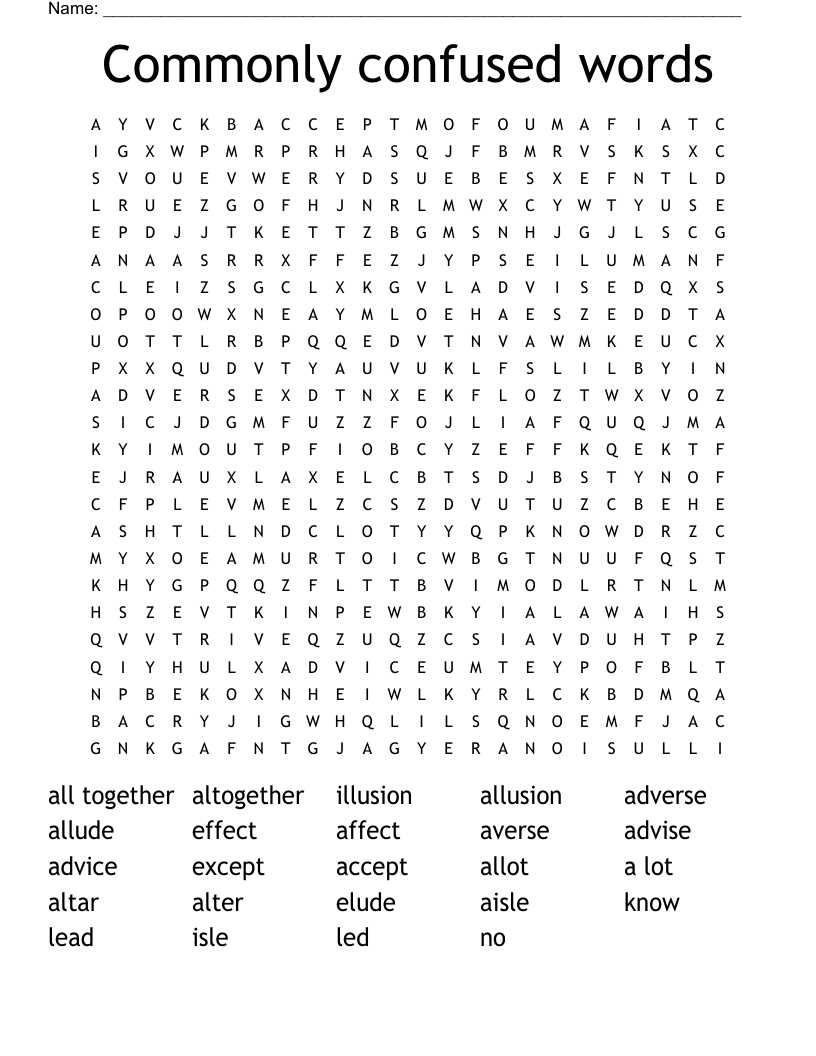 Commonly Confused Words Word Search WordMint