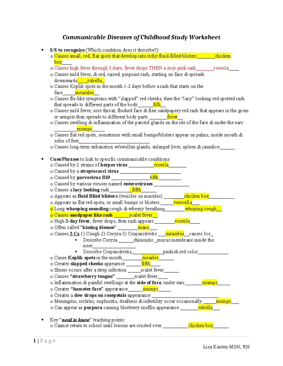 Communicable Diseases Of Childhood Study Worksheet Guide For Exam Studocu