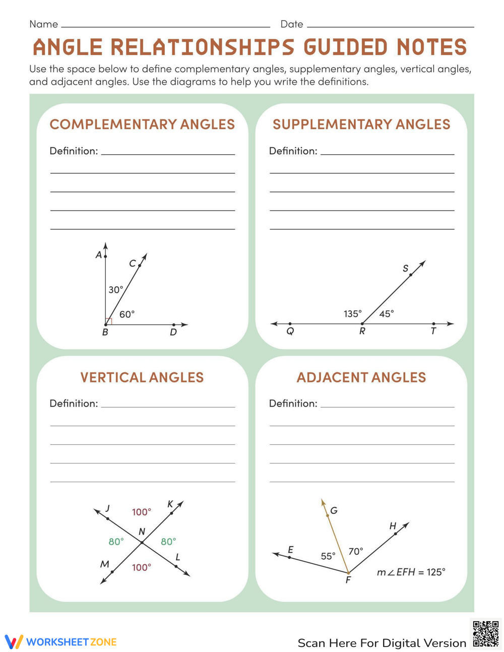 Complementary Supplementary Vertical And Adjacent Angles Worksheets Printable