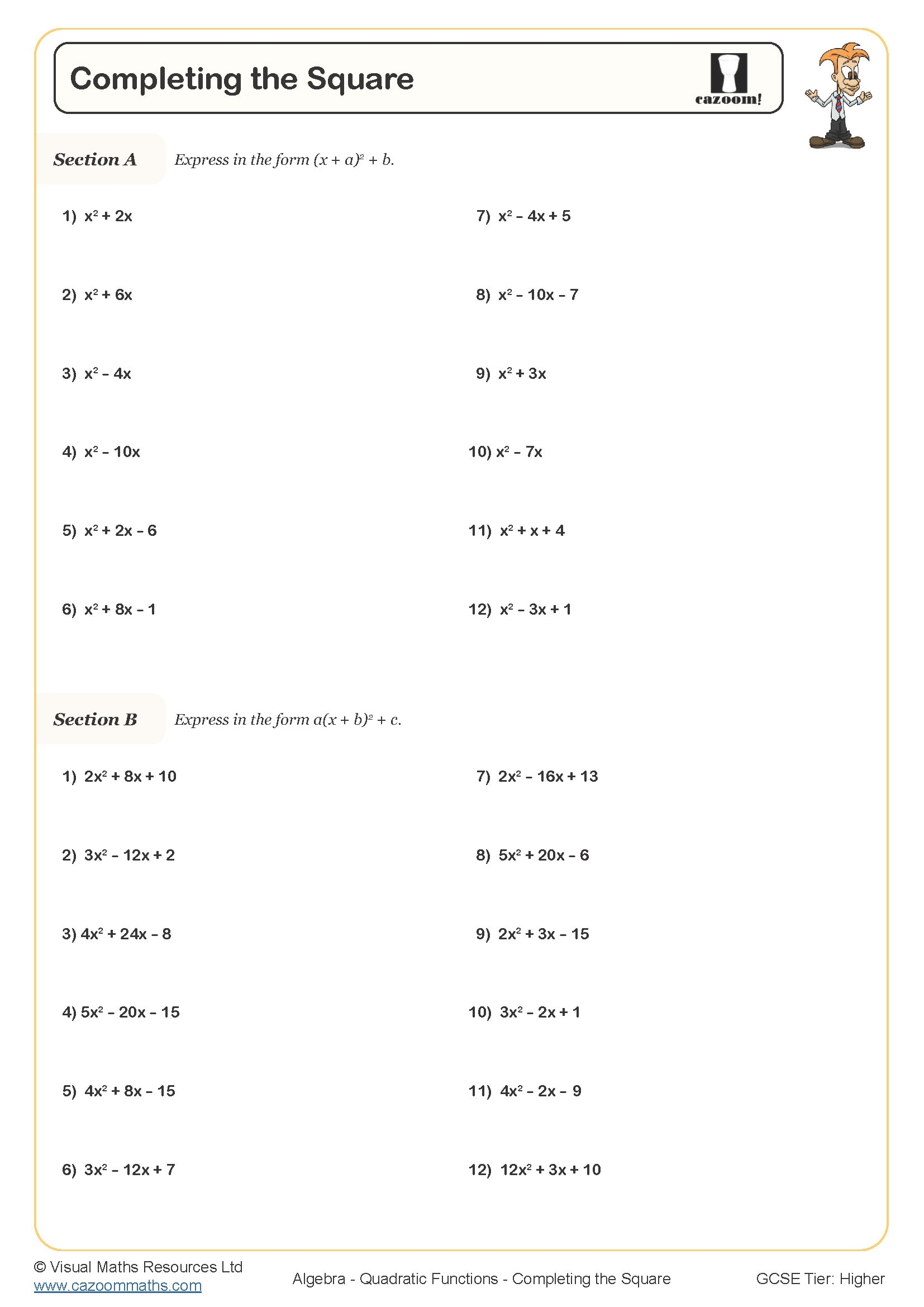 completing the square worksheet