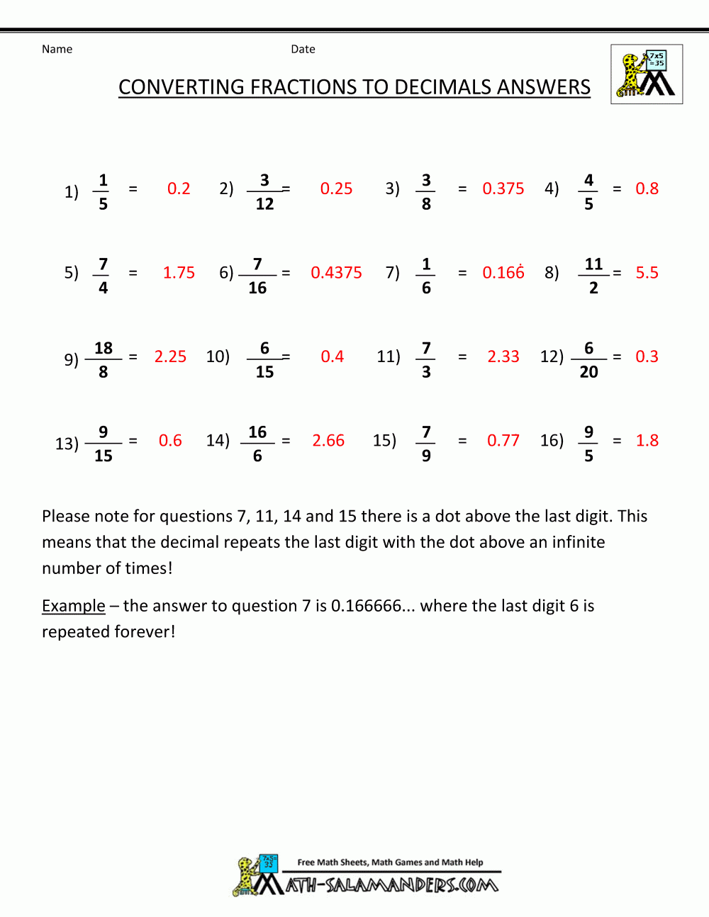 converting from fractions to decimals worksheet