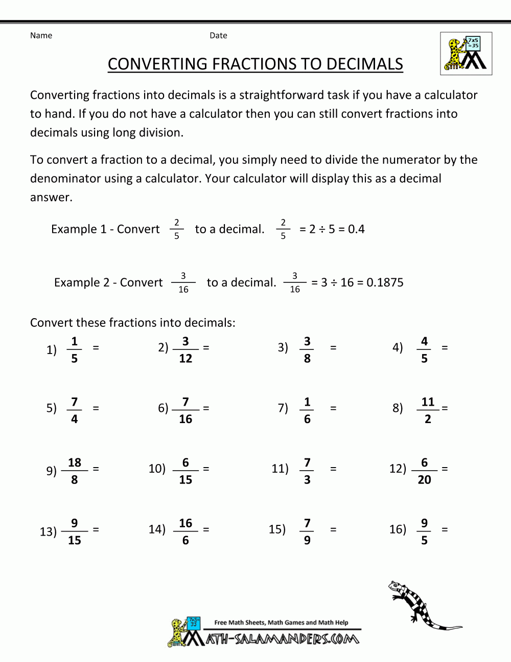 fraction to decimal worksheet fraction to decimal worksheet