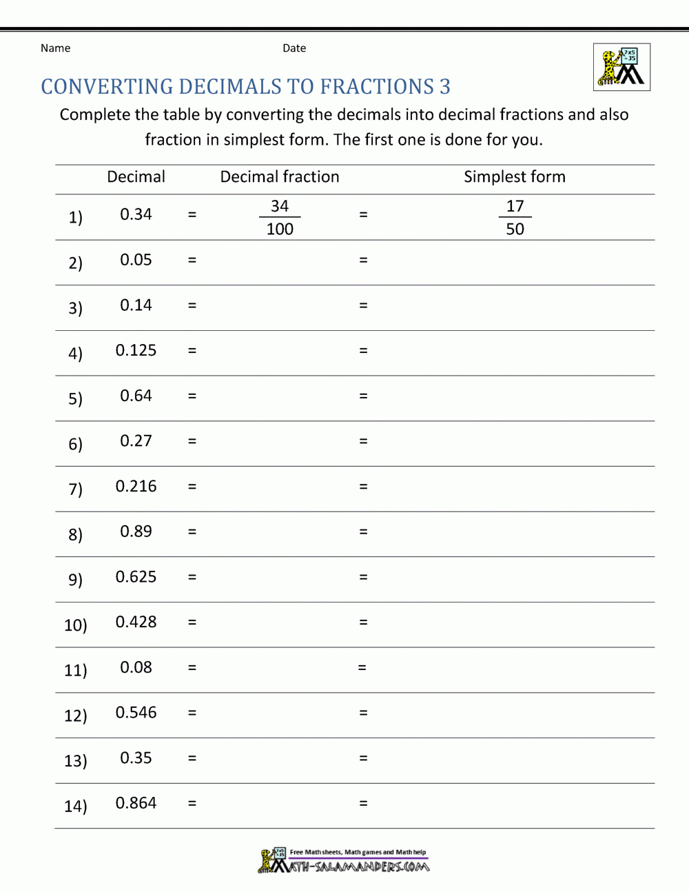 Converting Decimals To Fractions Worksheet Converting Decimals To Fractions Worksheet