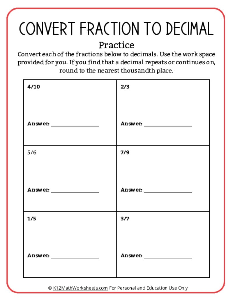 Converting Fractions To Decimals Worksheets Converting Fractions To Decimals Worksheets