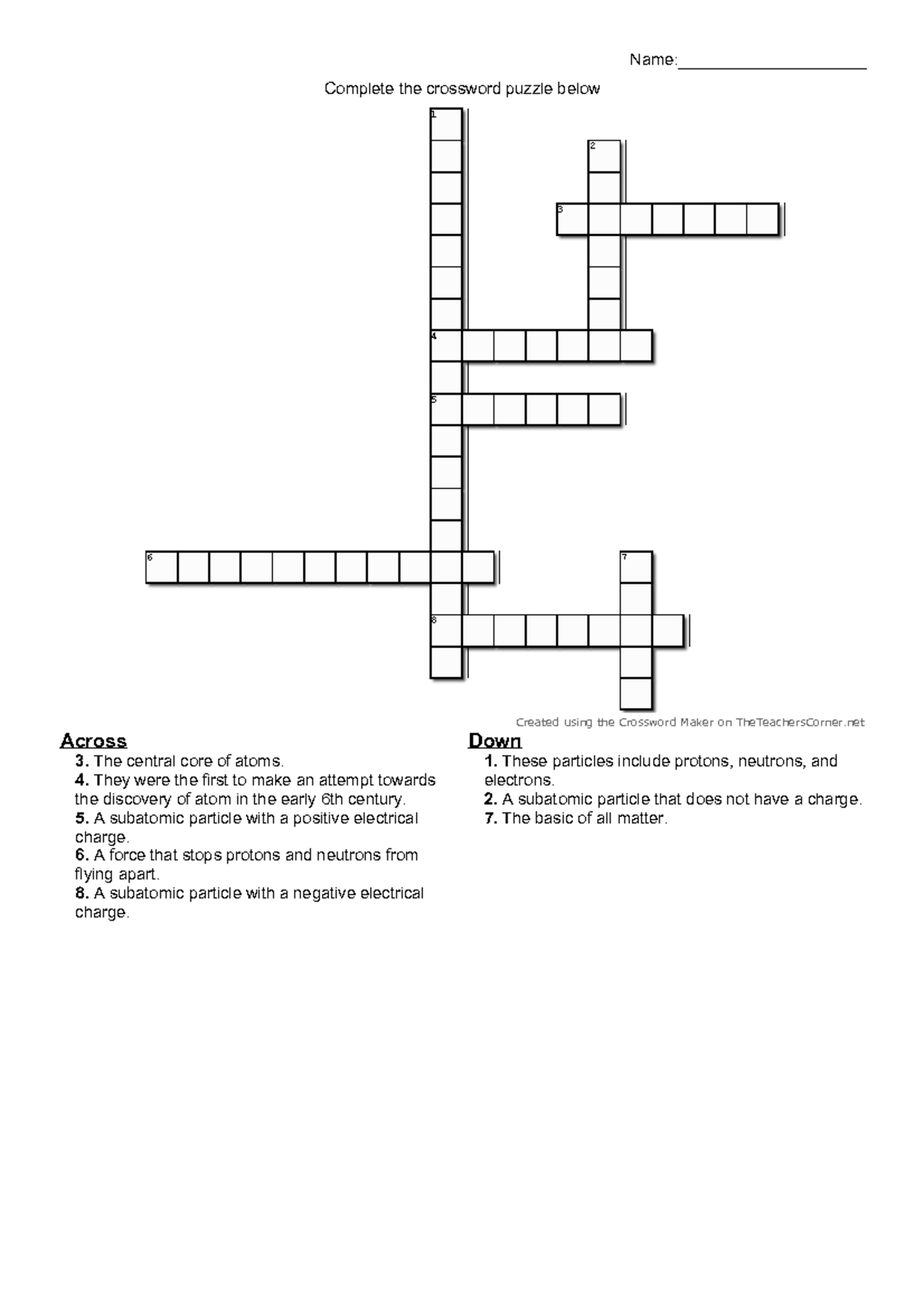 Crossword Puzzle On Subatomic Particles And Atoms Studocu