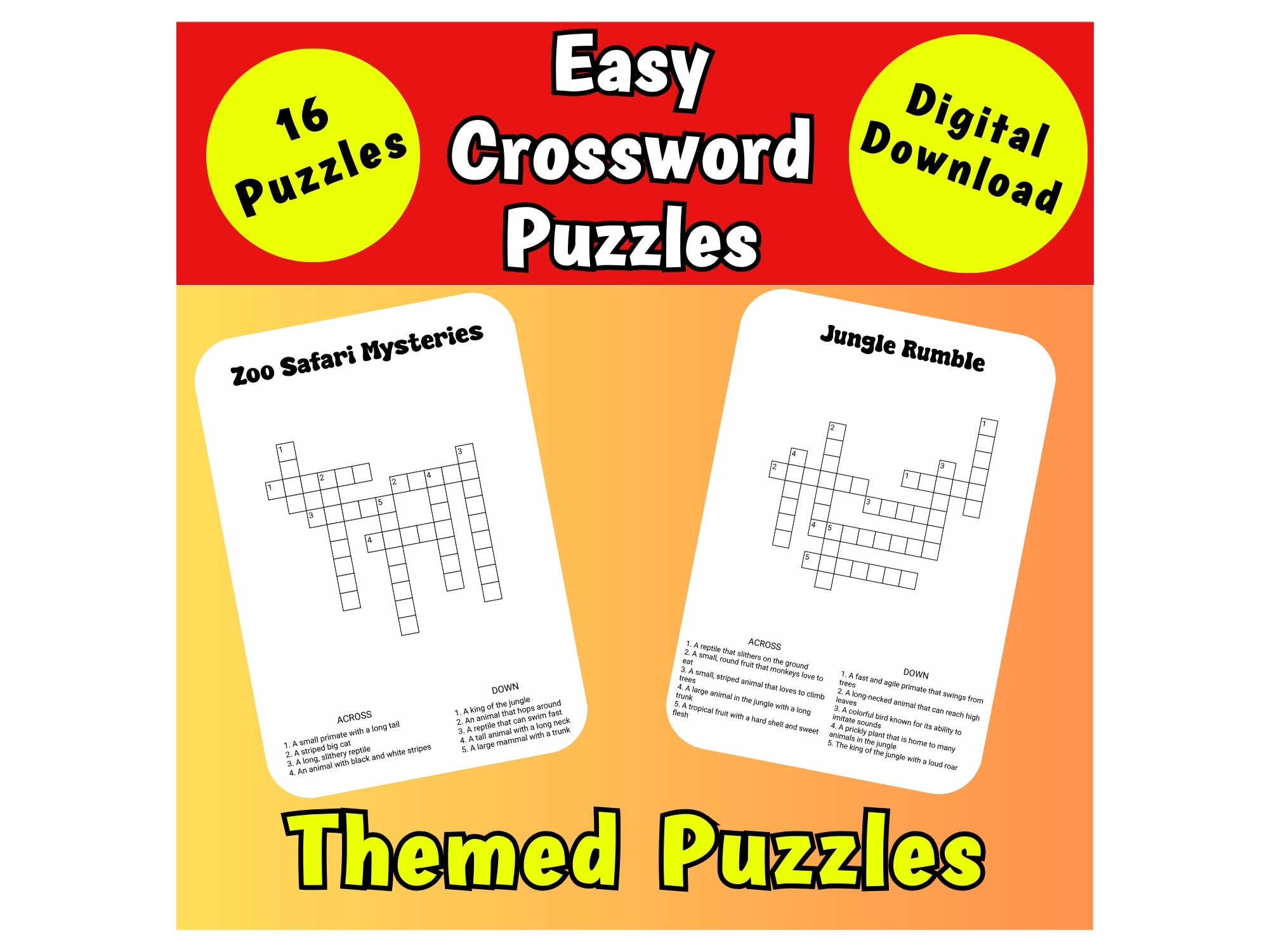 Crossword Puzzles For Kids 16 Themed Puzzles downloadable PDF Etsy