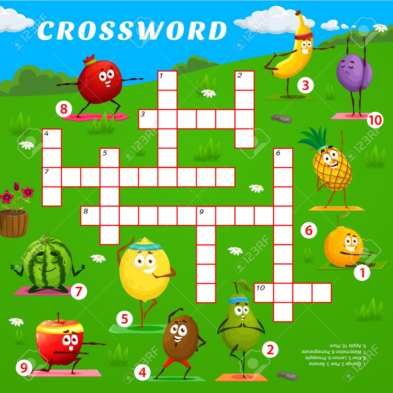 Crossword Quiz Game Cartoon Fruit Characters On Yoga Fitness Crossword Word Search Vector Puzzle Or Quiz With Orange Pear Banana And Kiwi Lemon Pineapple Cute Personages Doing Fitness Exercises Royalty Free SVG 