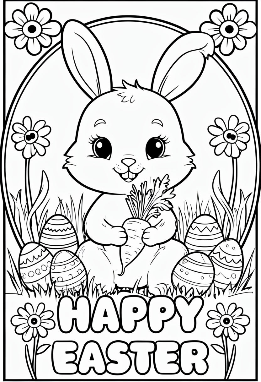 Cute Bunny With Carrot And Easter Eggs Coloring Page Playground