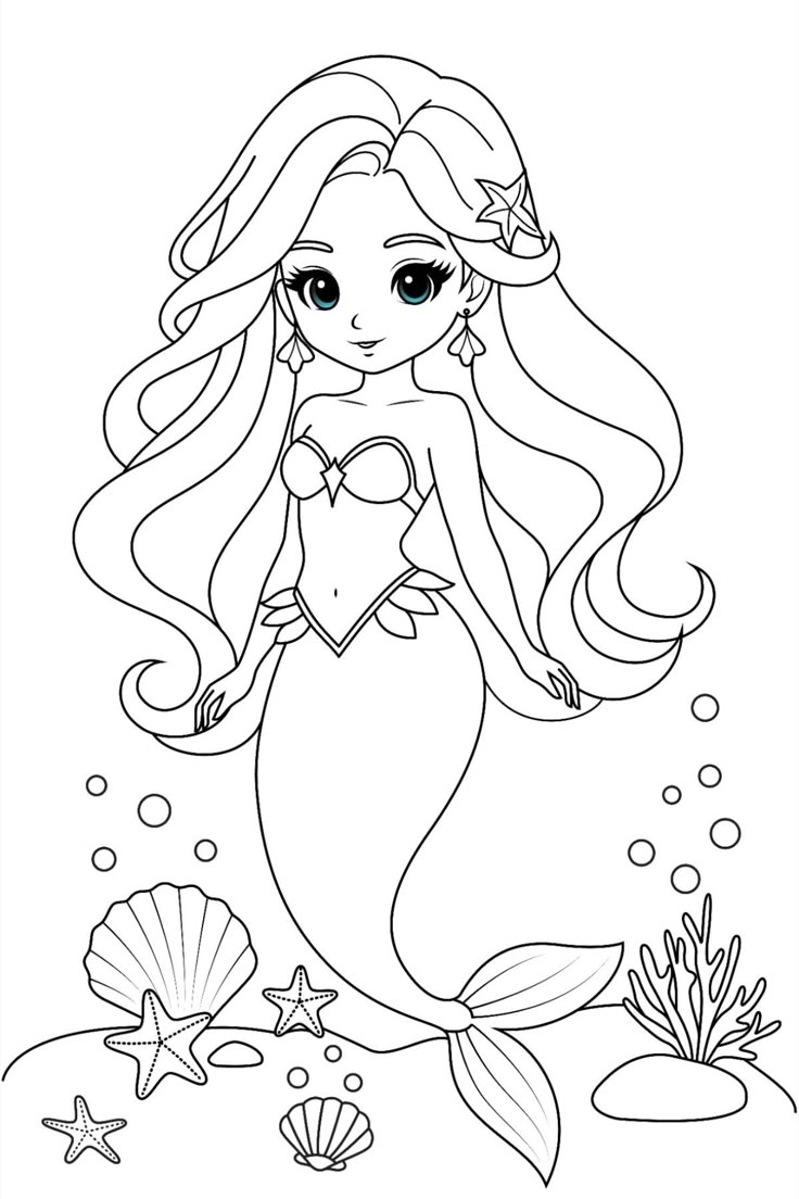 Cute Mermaid Coloring Page For Kids