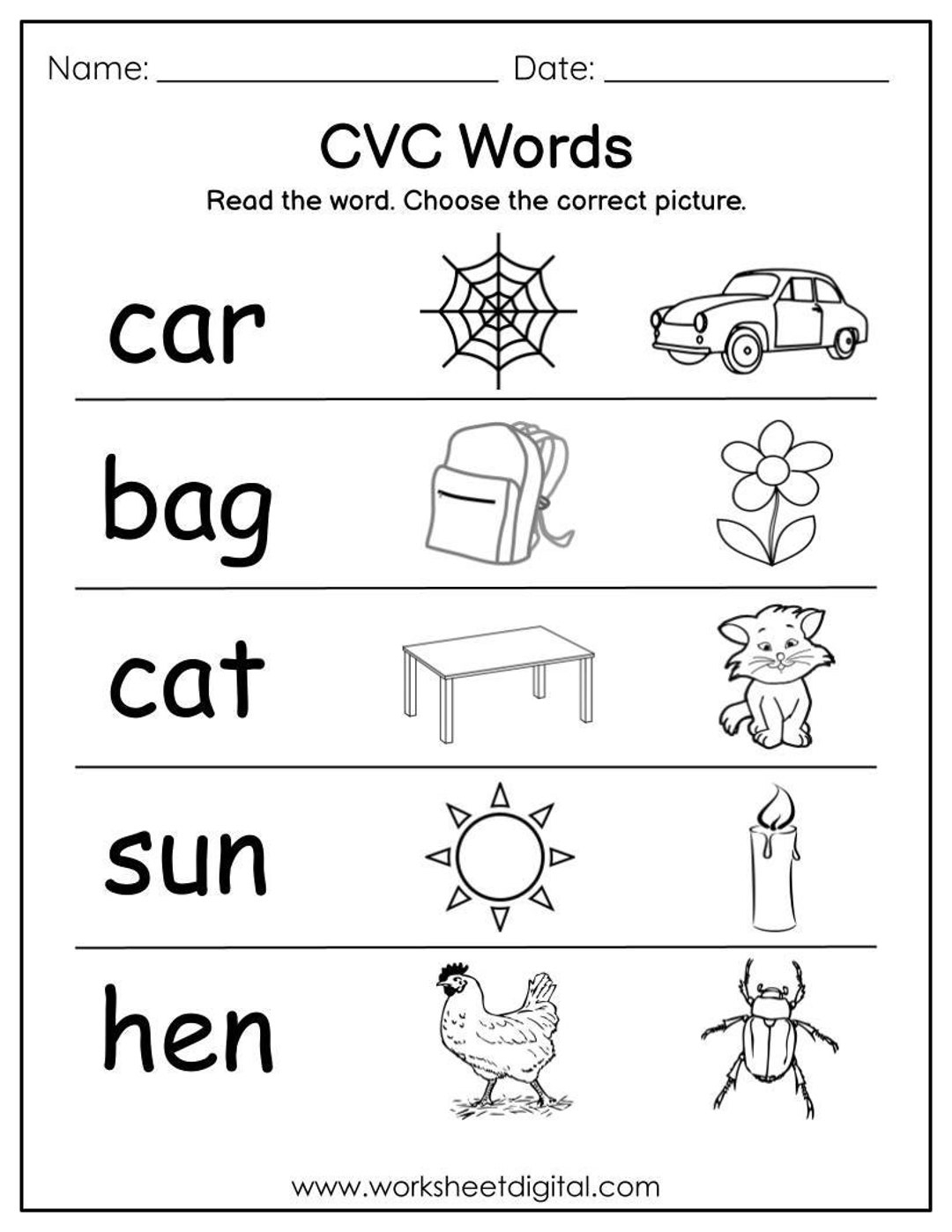 CVC Words Phonics Worksheets Kindergarten Read Choose digital Download Etsy