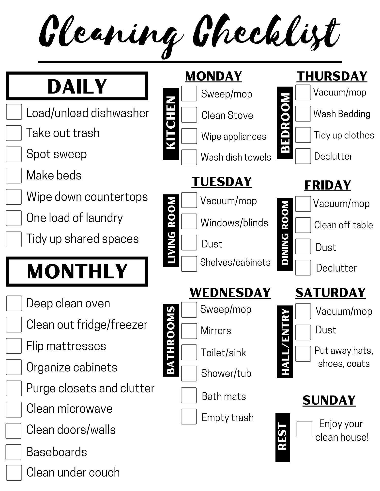 Daily Weekly Monthly Cleaning Checklist Schedule To do List Check Off Clean Routine Instant Digital Download home House Chores Etsy Israel