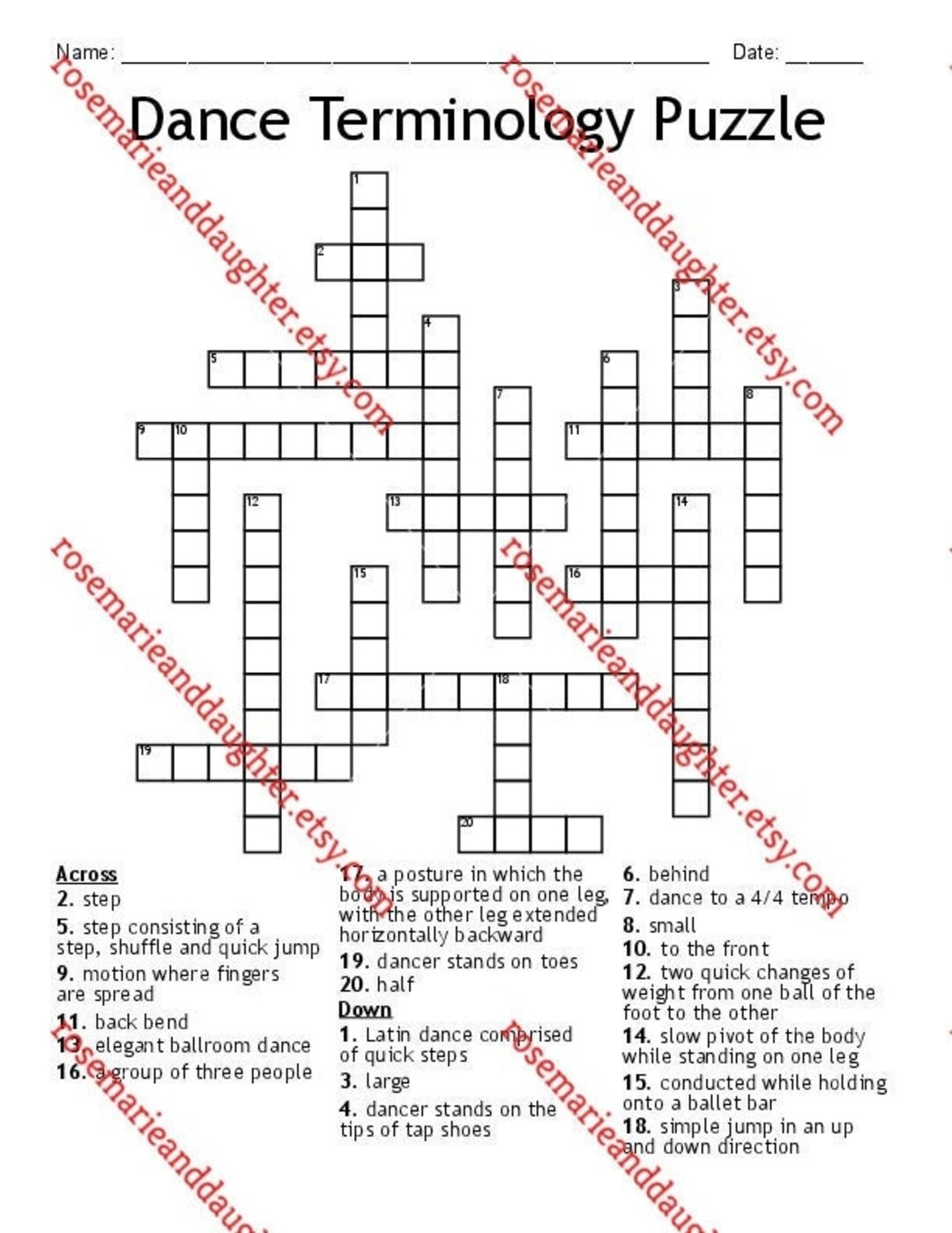Dance Terminology Puzzle A Fun Crossword Puzzle With Answer Key Etsy