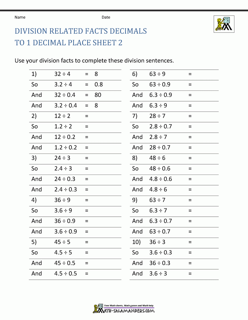 dividing decimals with decimals worksheet