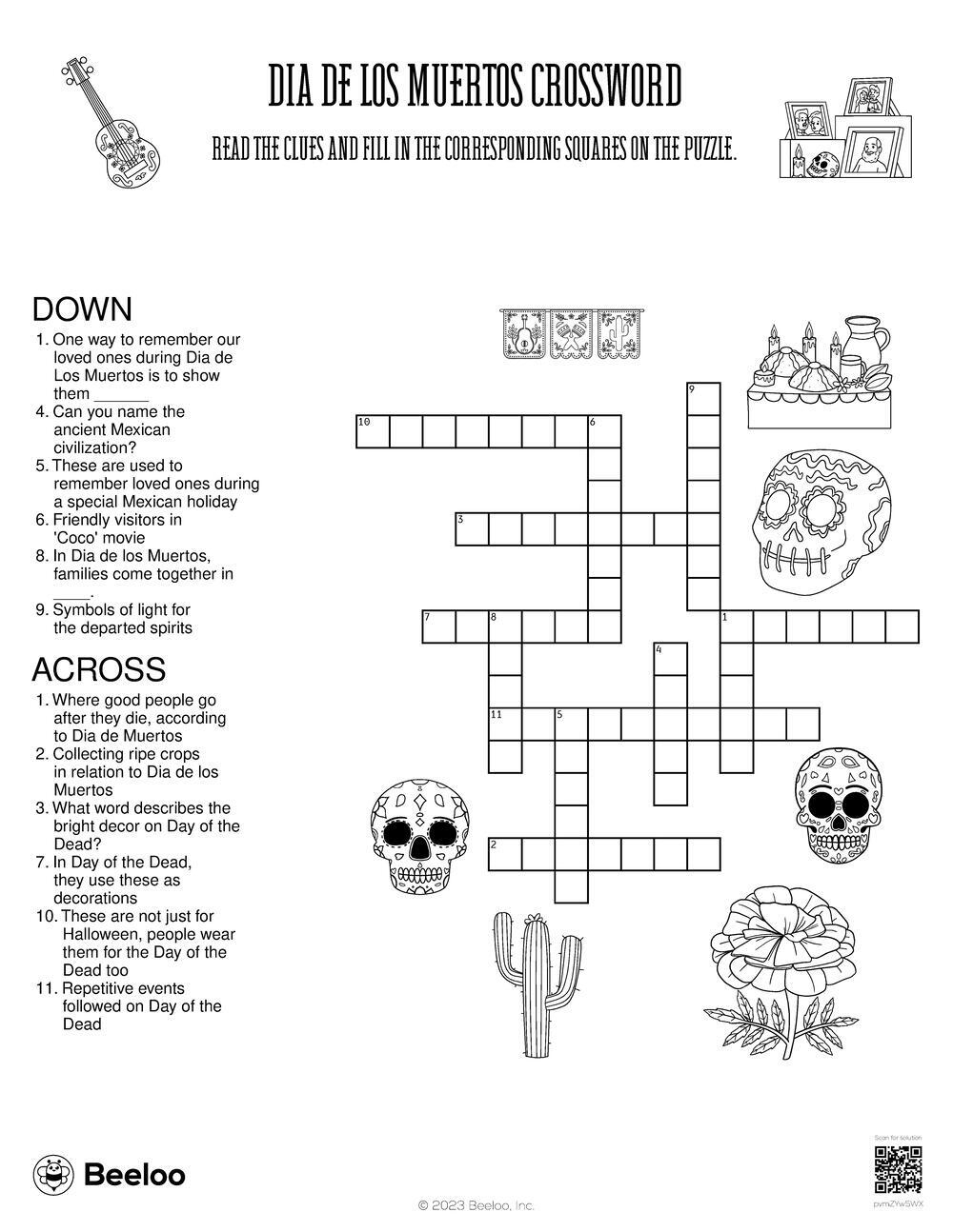 Dia De Los Muertos Crossword Beeloo Printable Crafts And Activities For Kids
