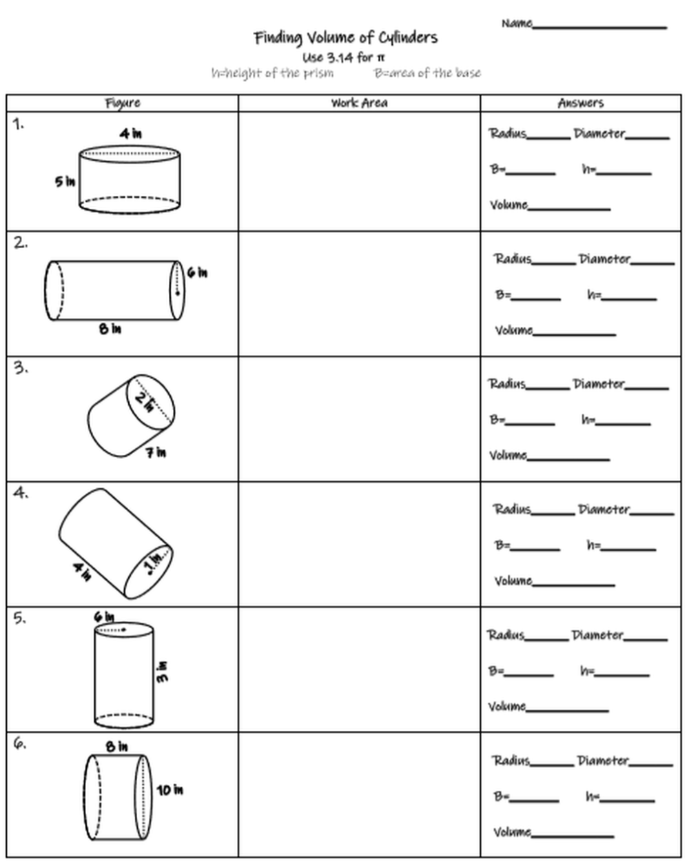 volume of cylinder worksheet