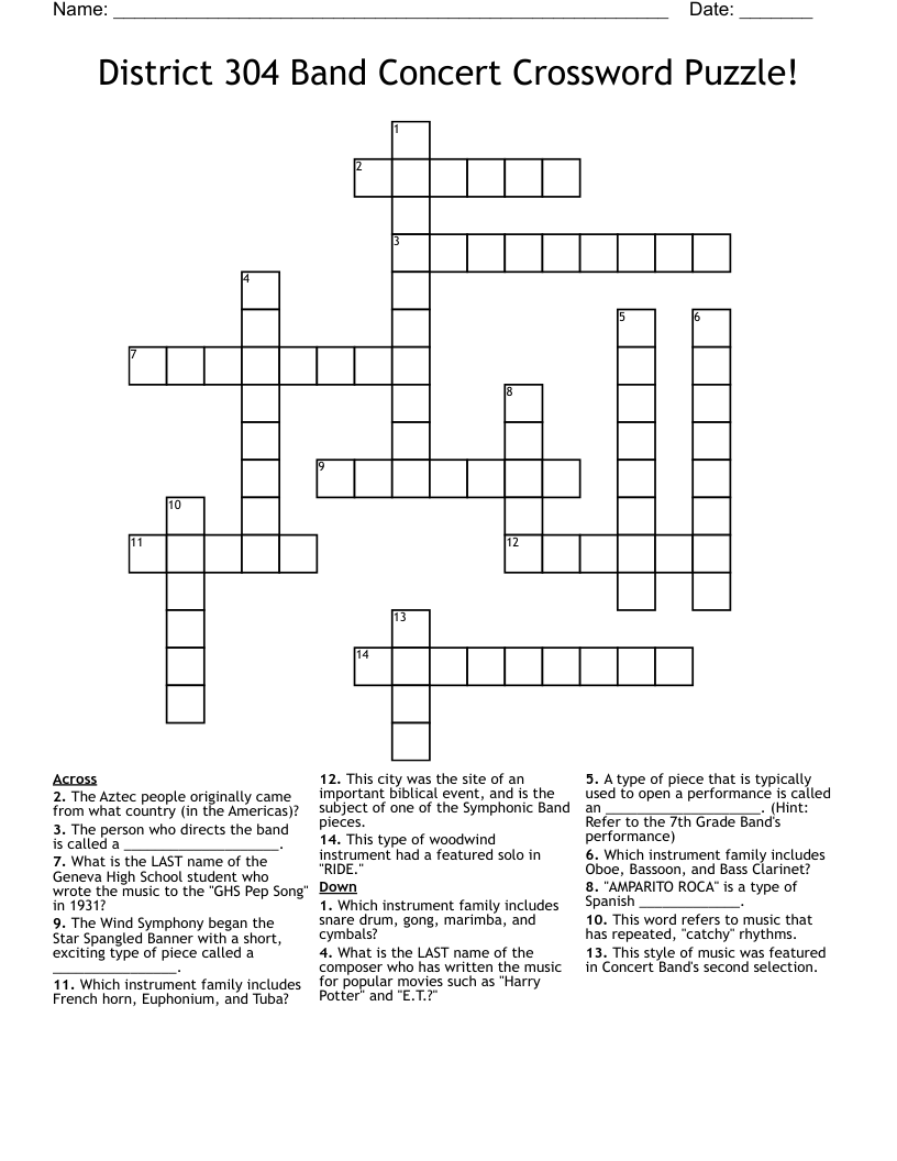 District 304 Band Concert Crossword Puzzle WordMint