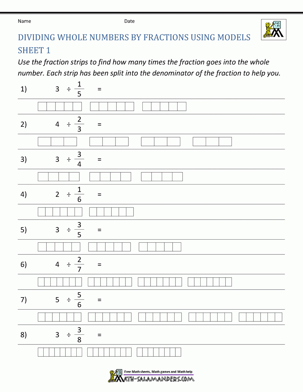 dividing fractions by whole numbers worksheet