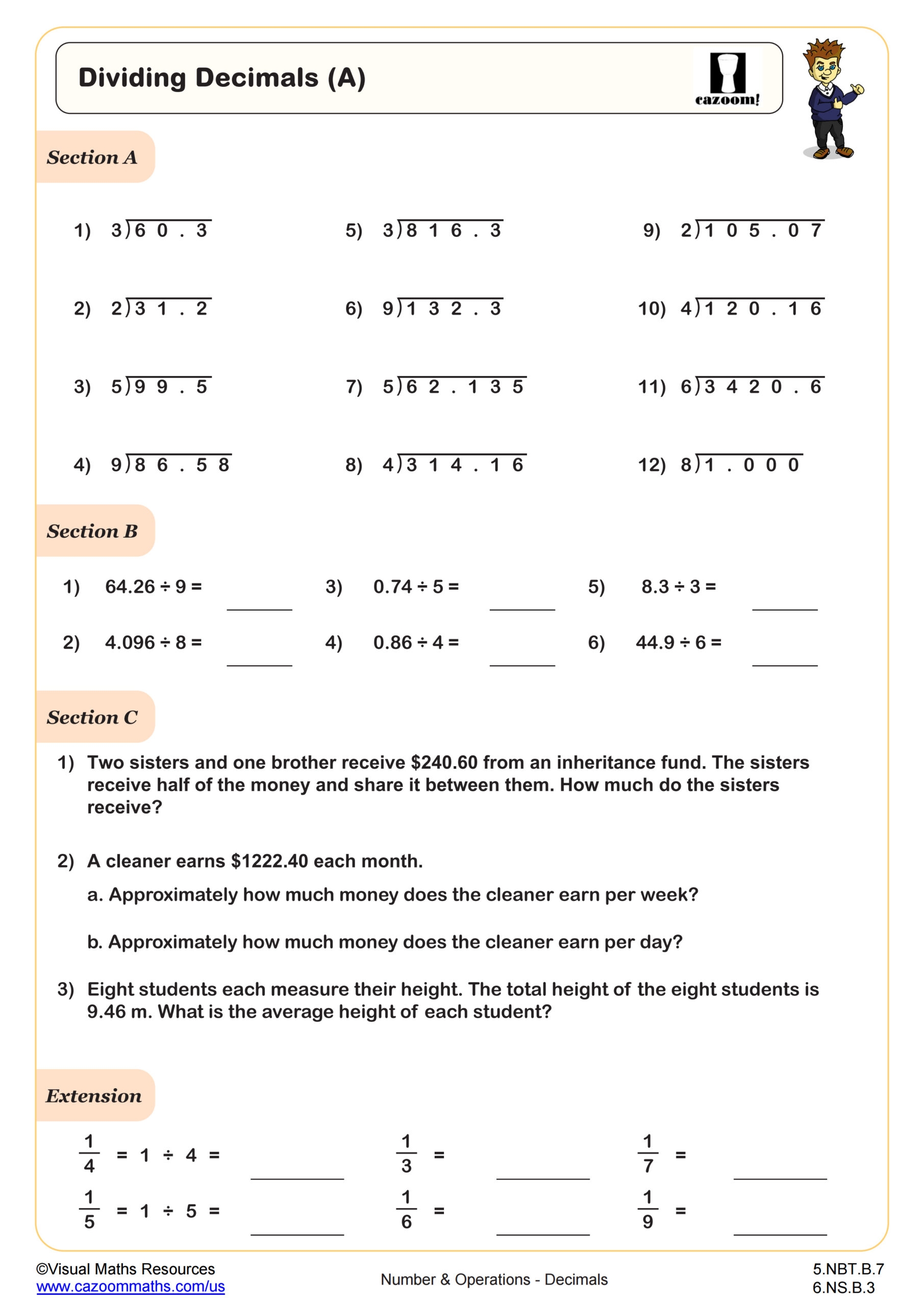 Dividing Decimals A Worksheet 5th Grade PDF Worksheets Cazoom Math