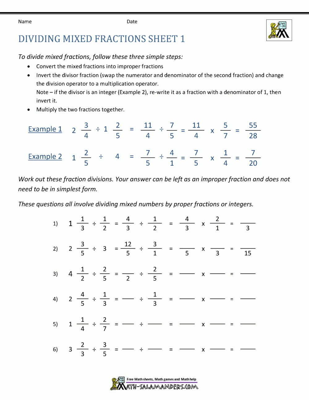 division as fractions worksheets