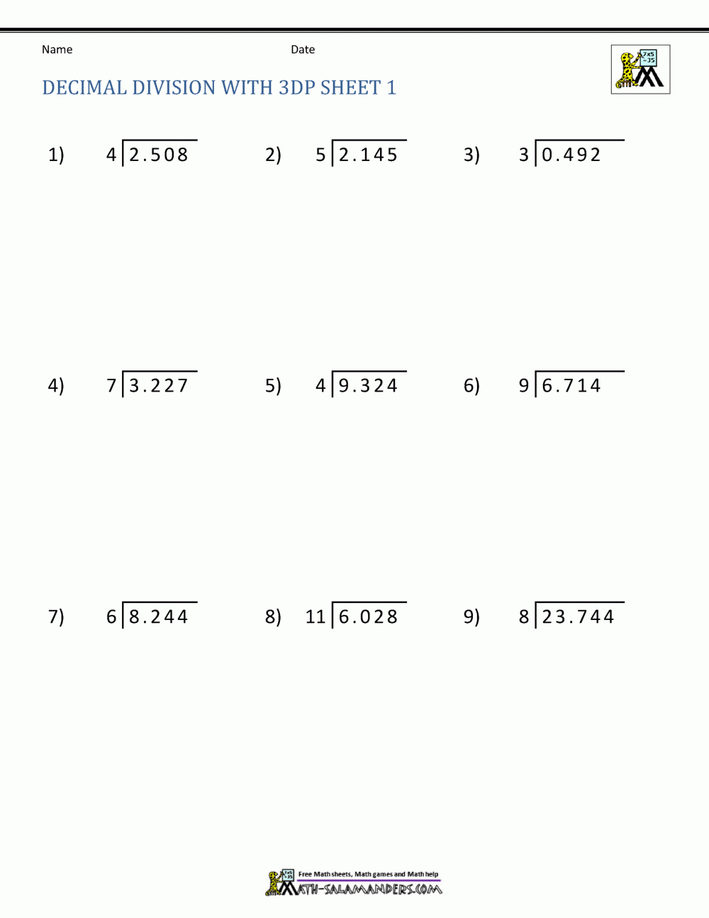 Division Of Decimal Numbers Worksheets