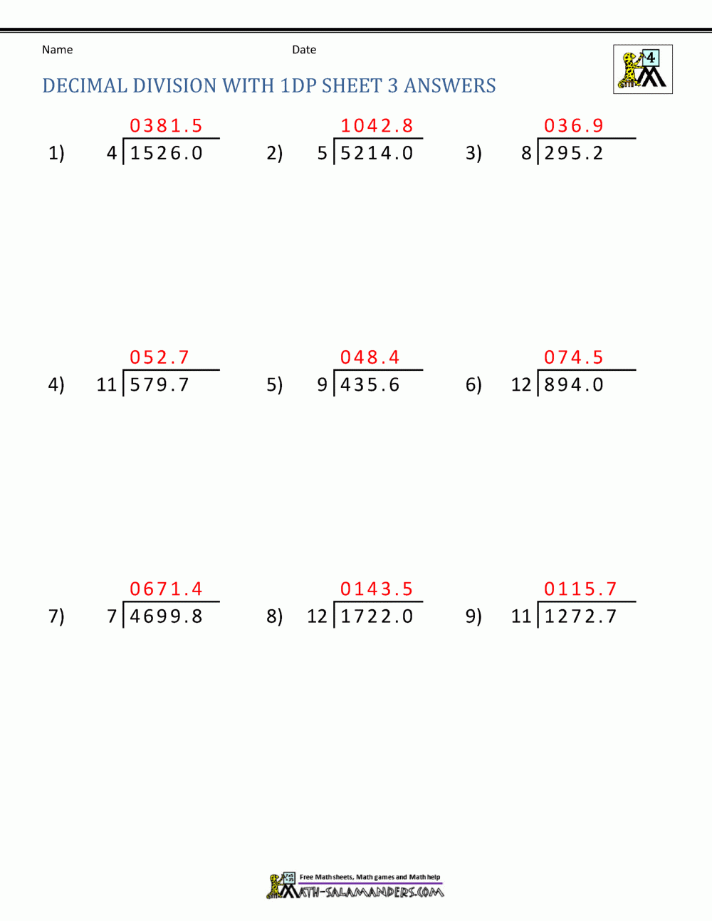 dividing decimals by whole numbers worksheet