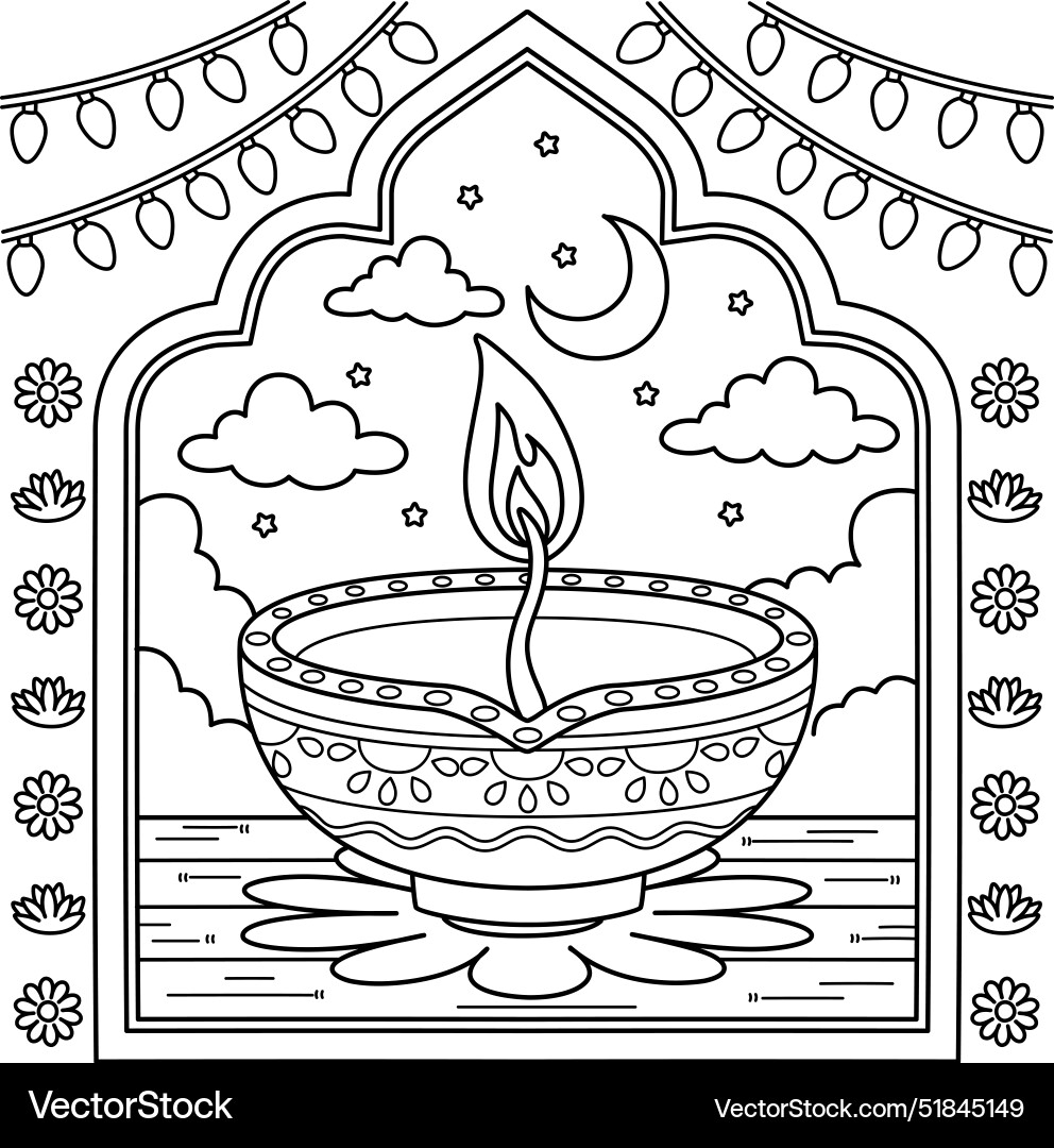 Diwali Diyas Coloring Page For Kids Royalty Free Vector VectorStock