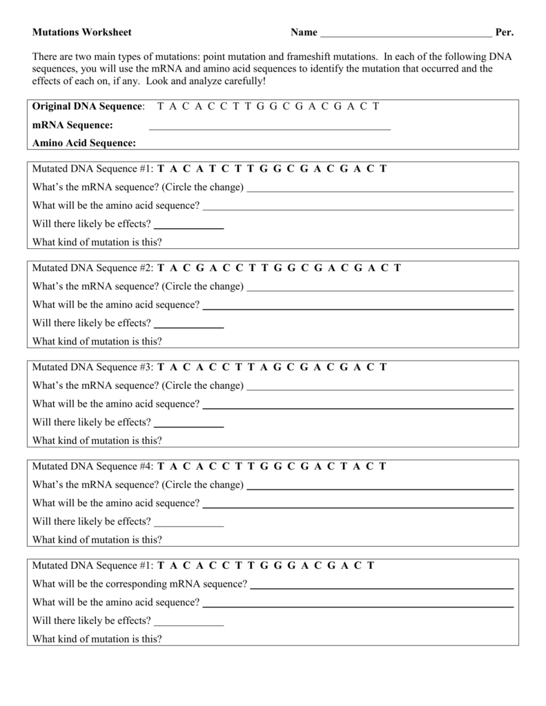 dna mutations practice worksheet
