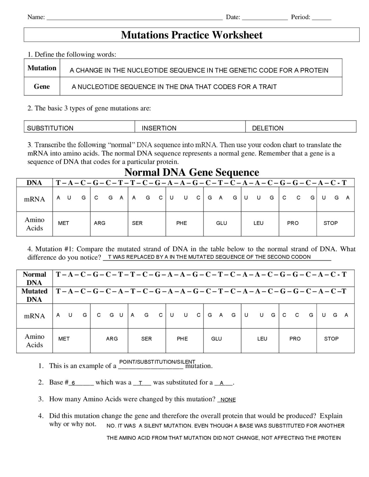 DNA Mutations Practice Worksheet With Answers Exercises Bioinformatics Docsity