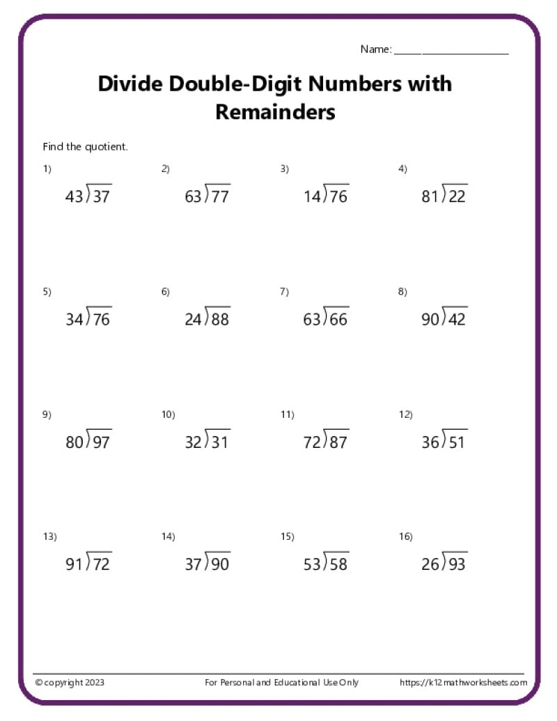 Double Digit Division Worksheets